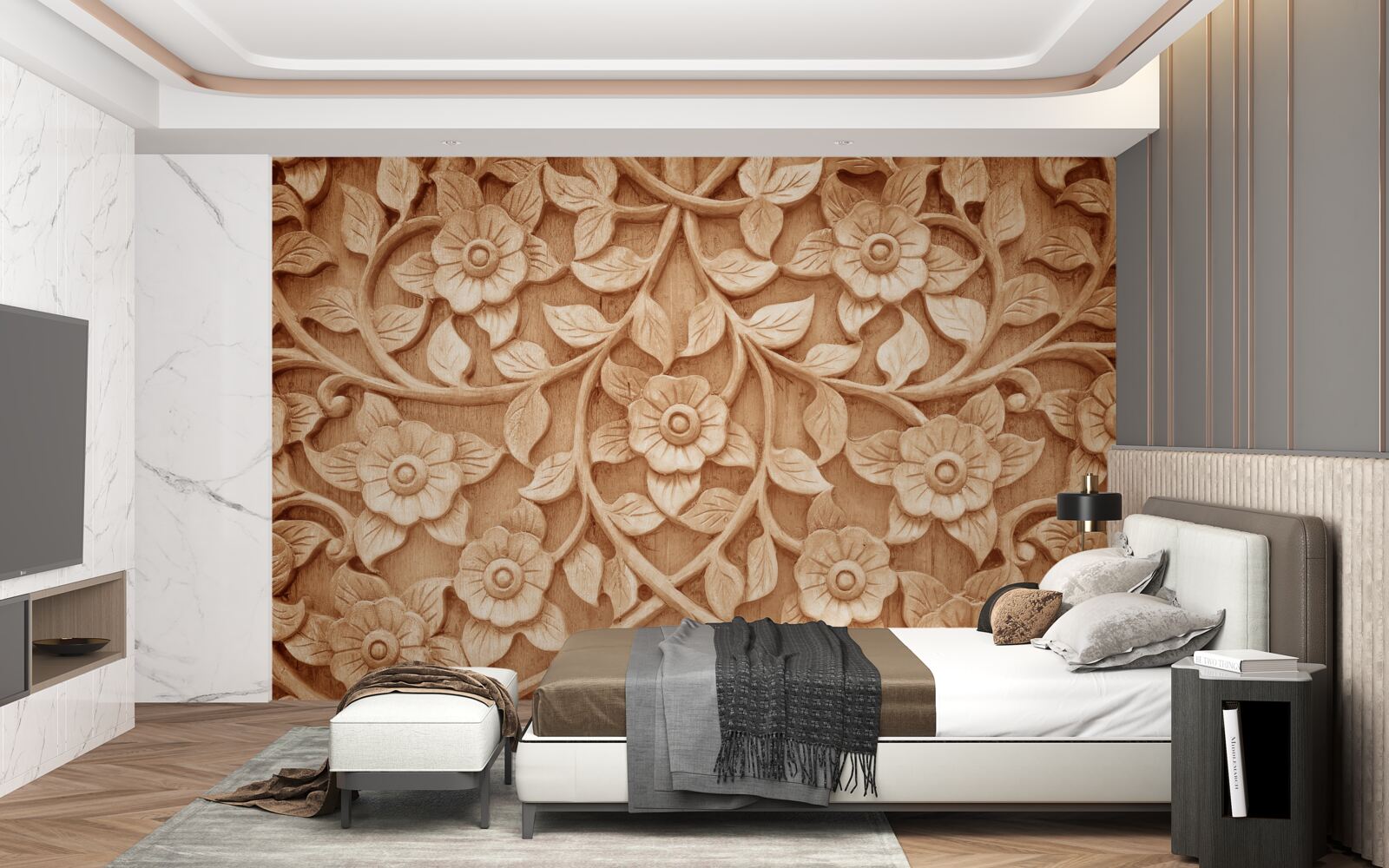 Fotobehang textuur van bloemen gemaakt van hout