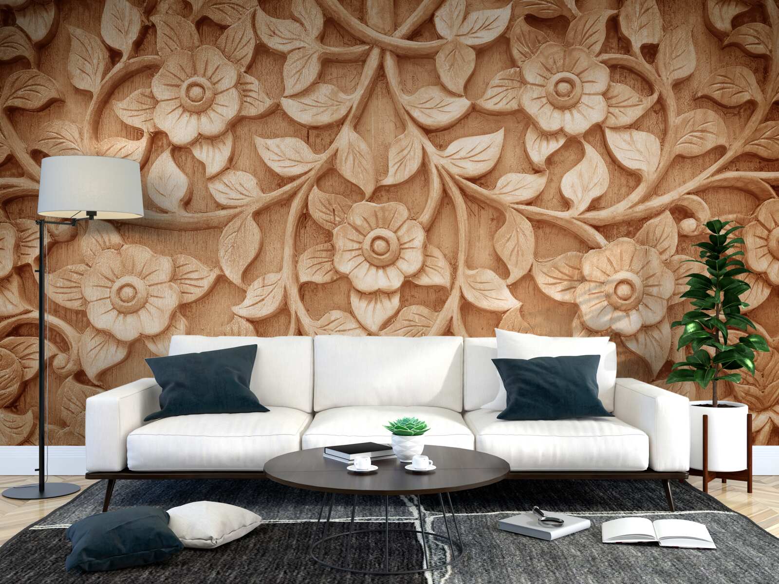 Fotobehang textuur van bloemen gemaakt van hout