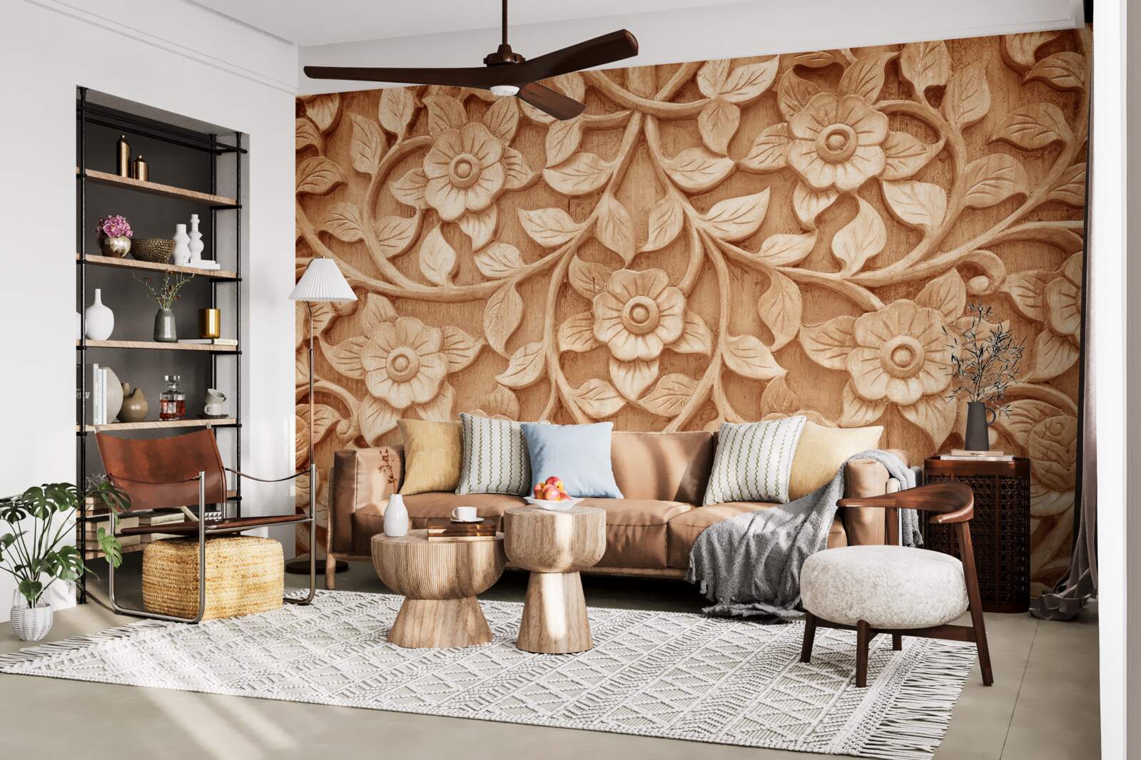 Fotobehang textuur van bloemen gemaakt van hout