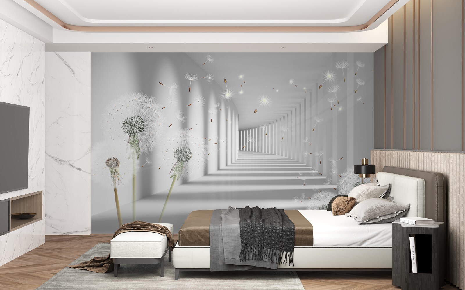 Fotobehang paardenbloemblaadjes worden in de tunnel gebracht