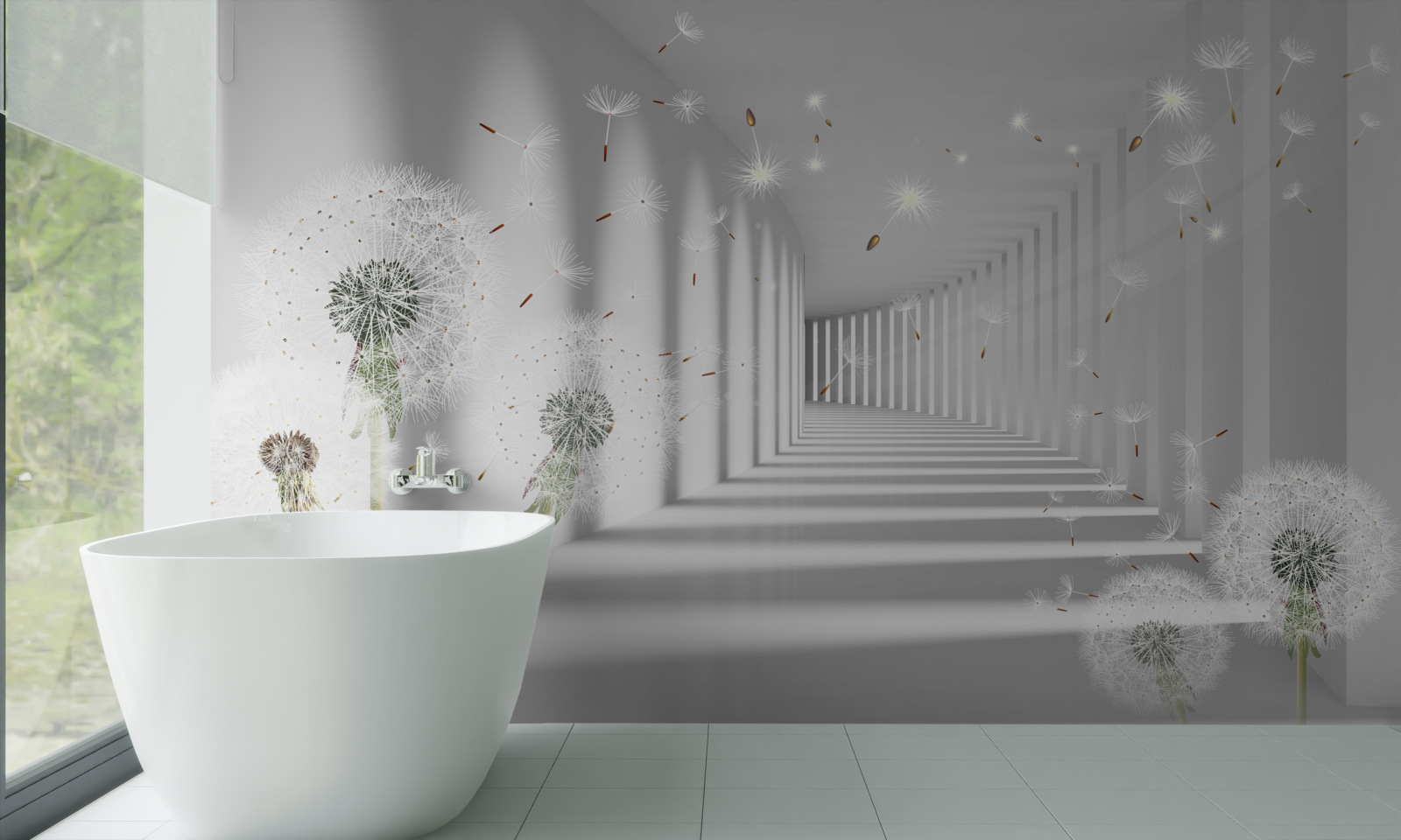 Fotobehang paardenbloemblaadjes worden in de tunnel gebracht