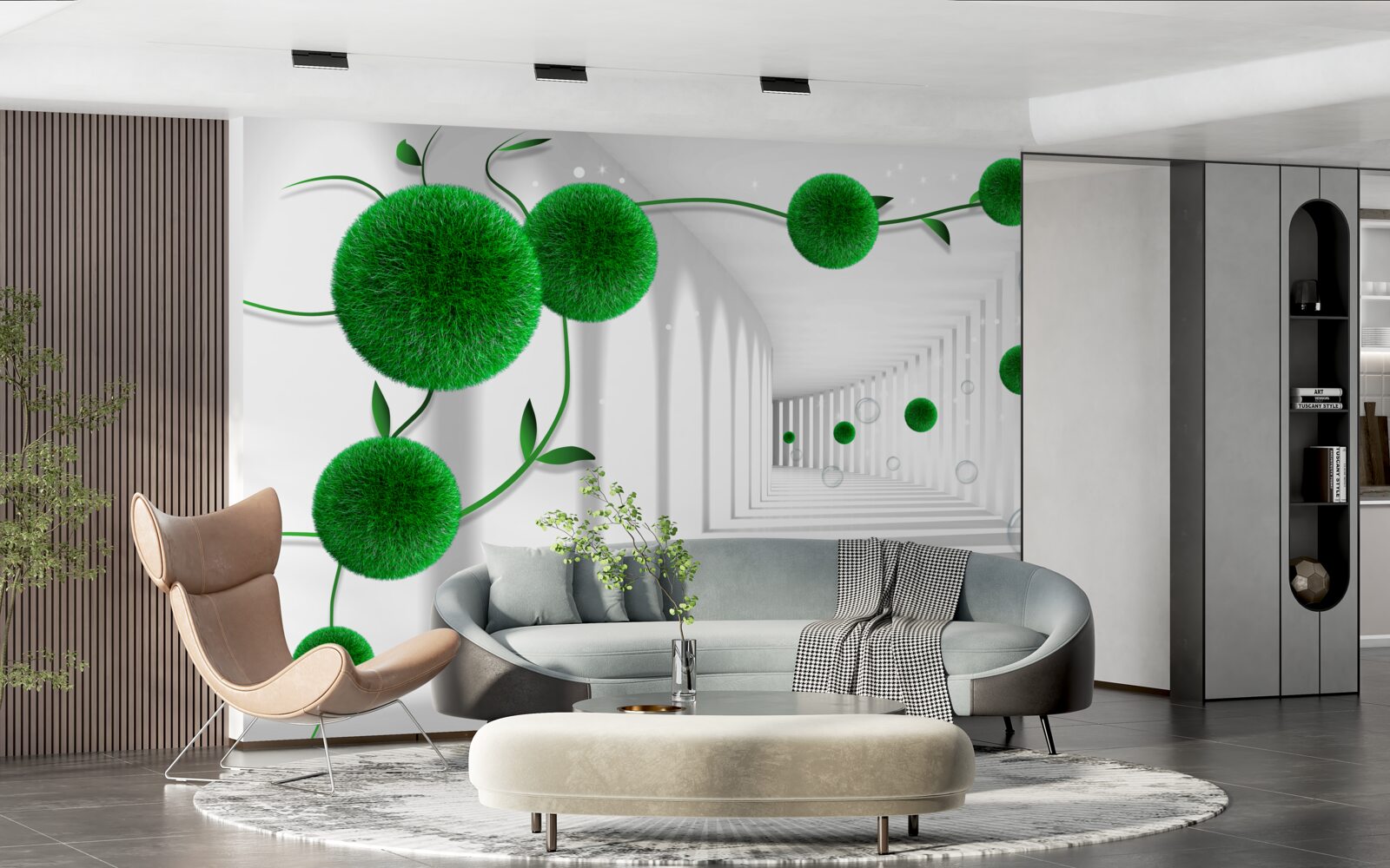 Fotobehang groene ballen zweven in de tunnel