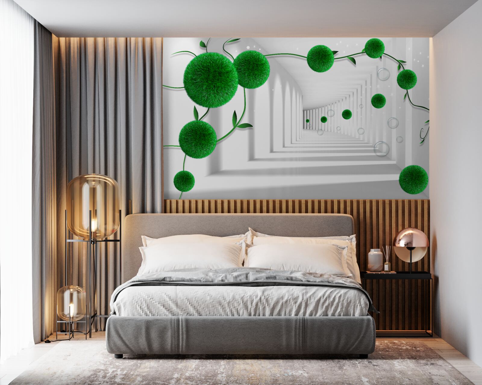 Fotobehang groene ballen zweven in de tunnel