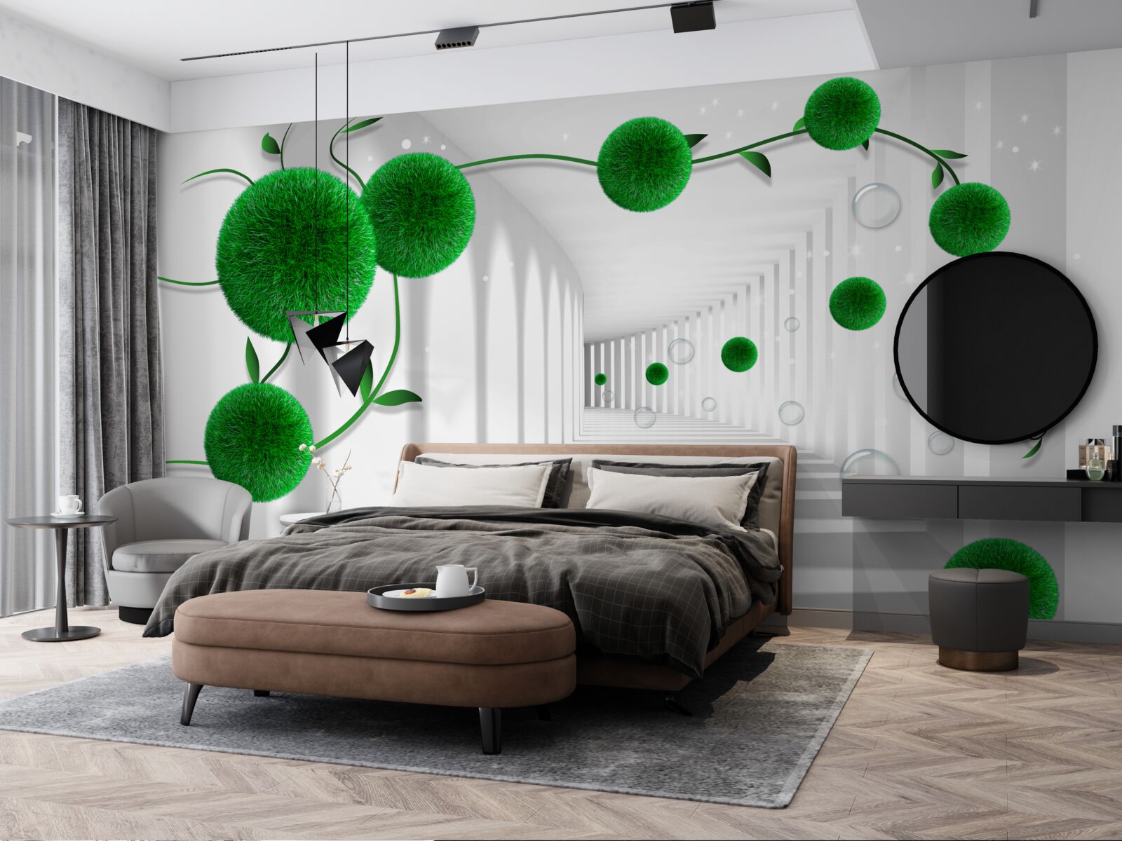 Fotobehang groene ballen zweven in de tunnel