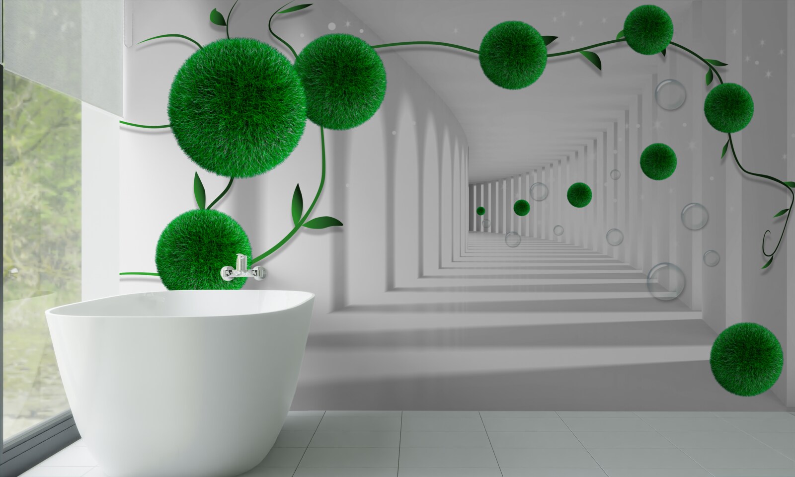 Fotobehang groene ballen zweven in de tunnel