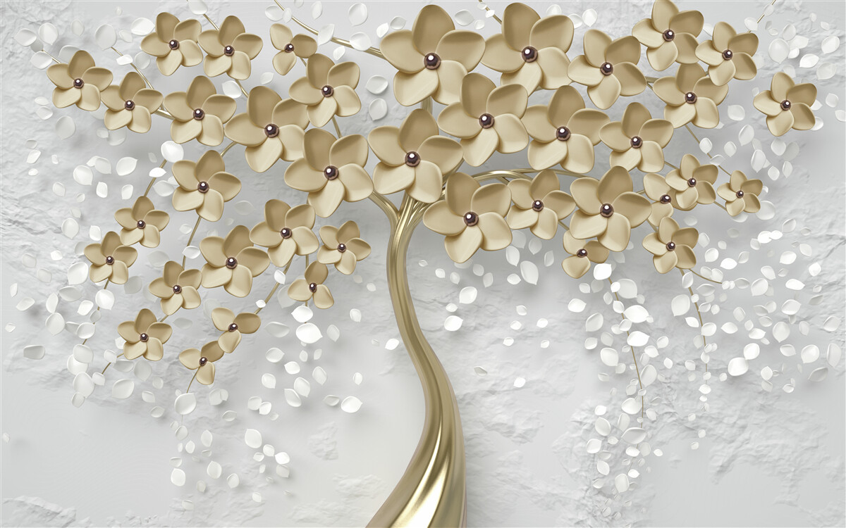 Fotobehang boom bezaaid met gouden bloemen