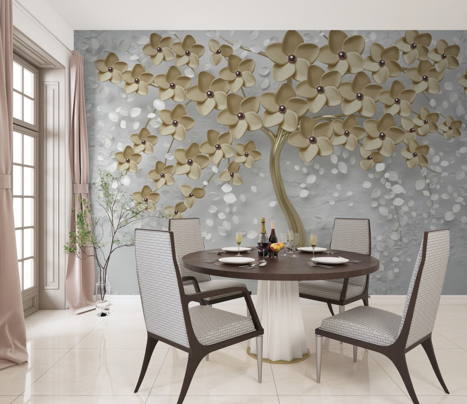 Fotobehang boom bezaaid met gouden bloemen