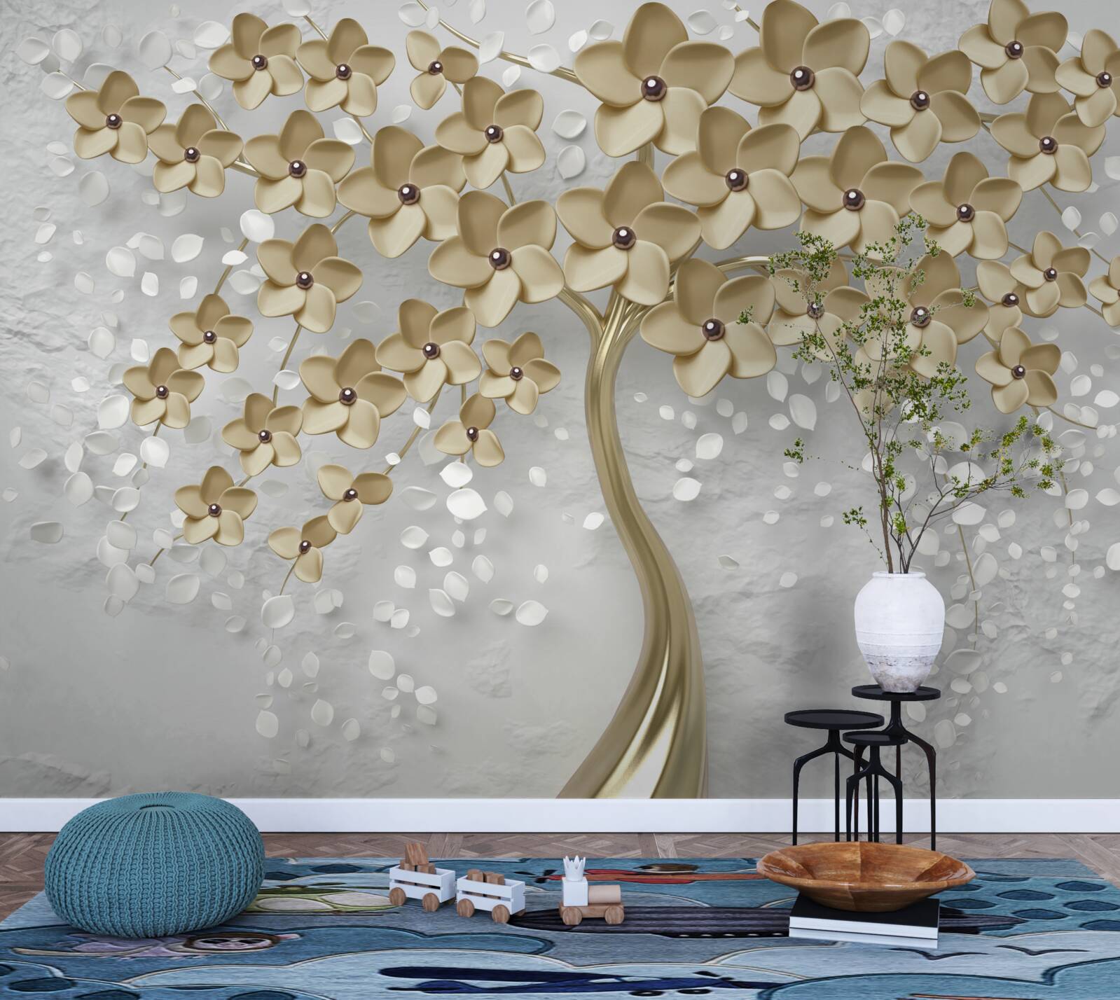 Fotobehang boom bezaaid met gouden bloemen