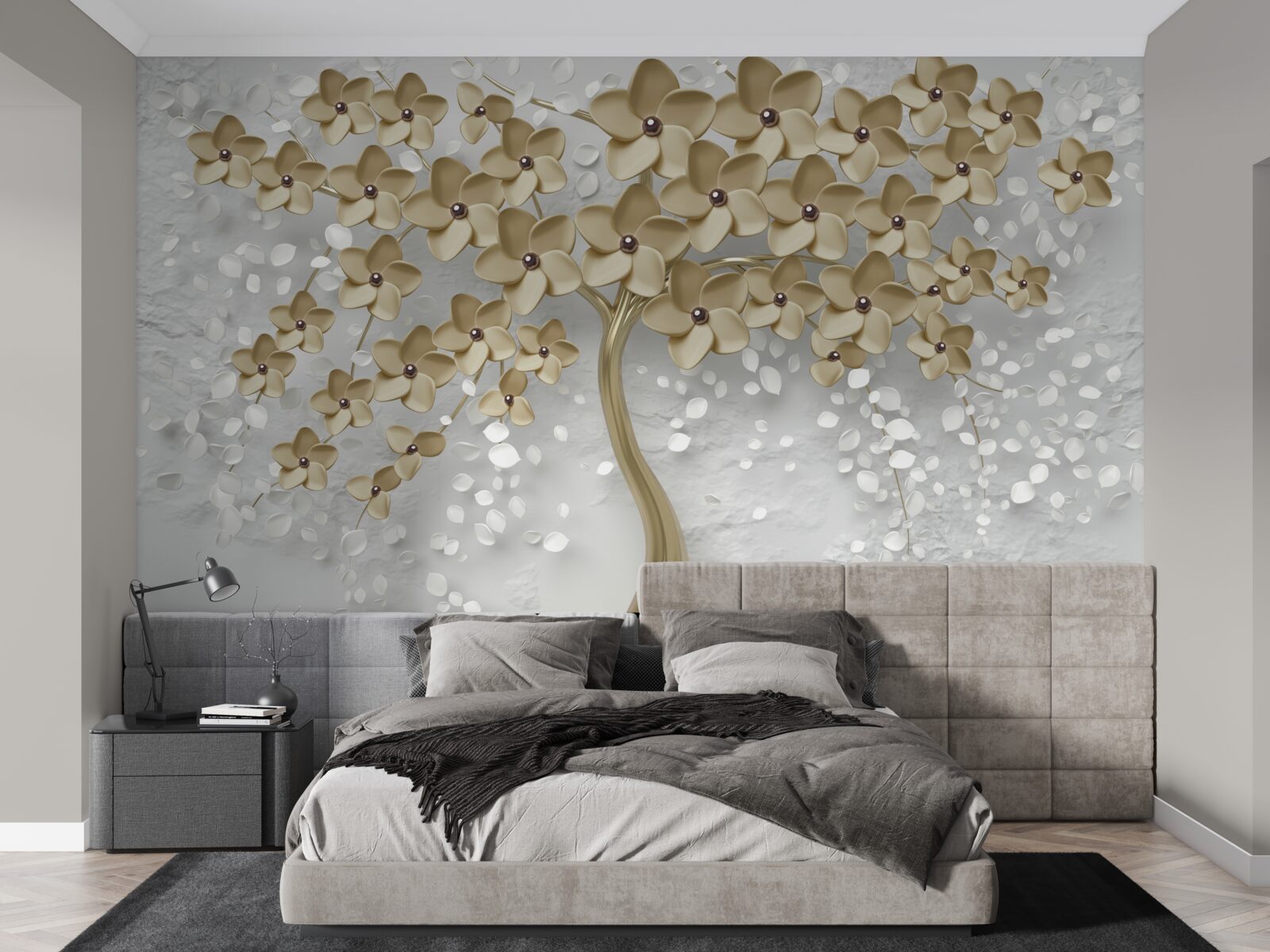 Fotobehang boom bezaaid met gouden bloemen