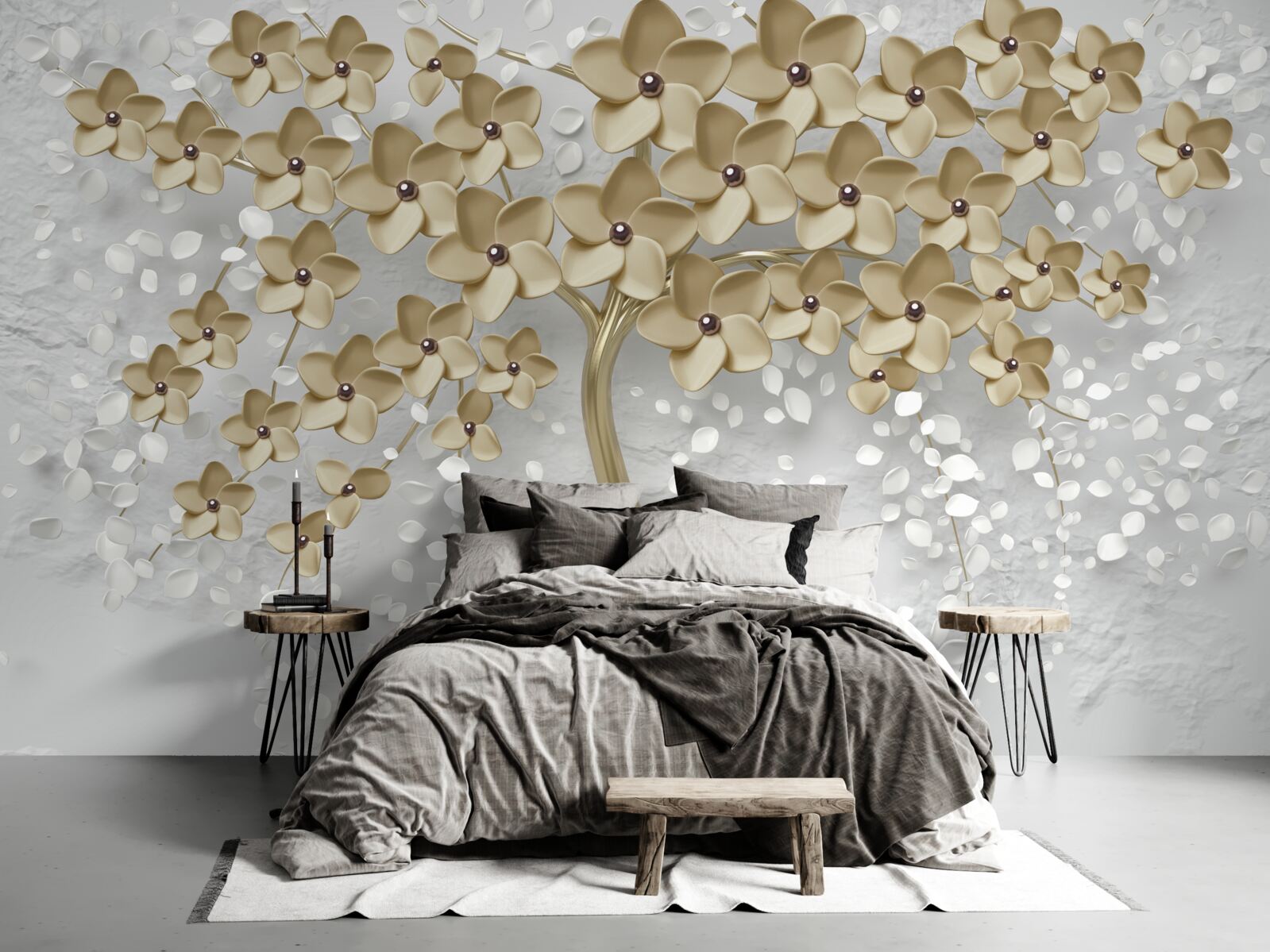 Fotobehang boom bezaaid met gouden bloemen