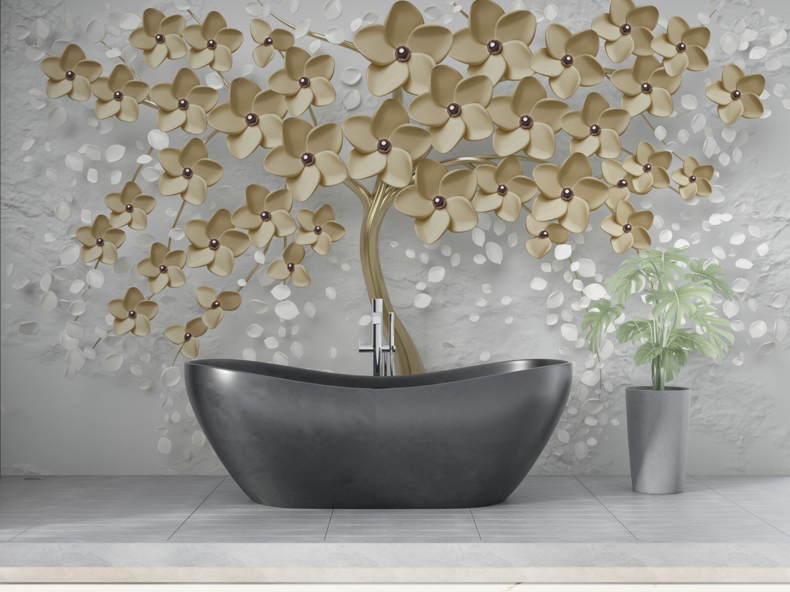 Fotobehang boom bezaaid met gouden bloemen