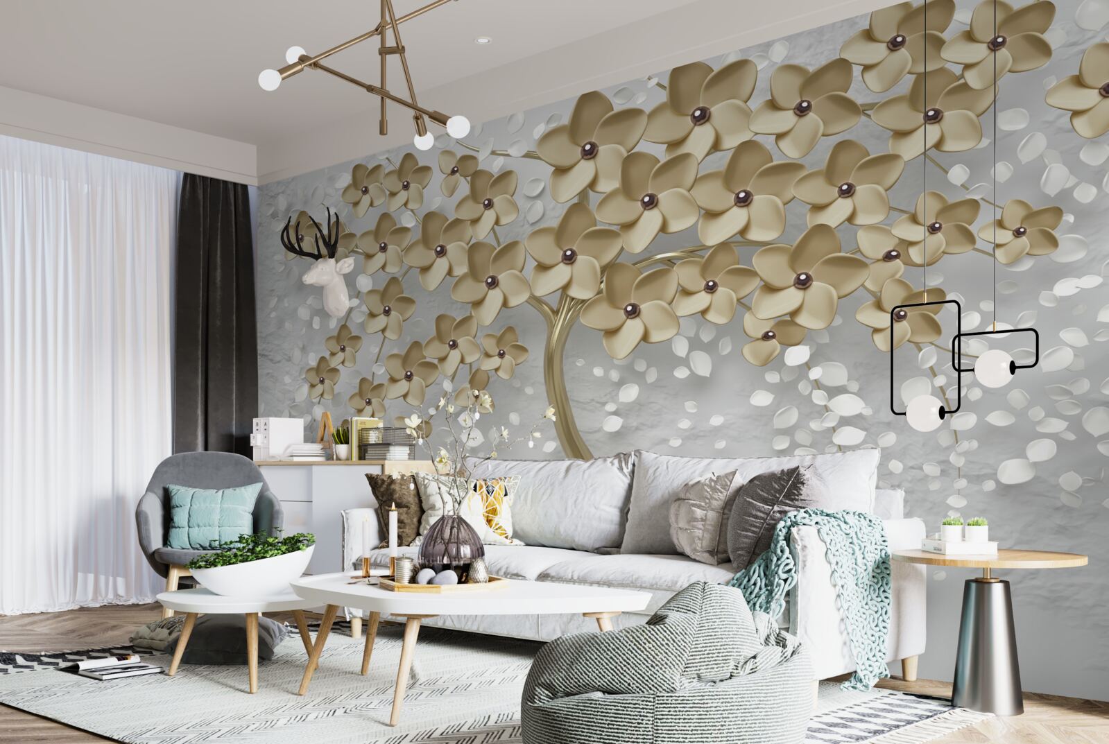 Fotobehang boom bezaaid met gouden bloemen