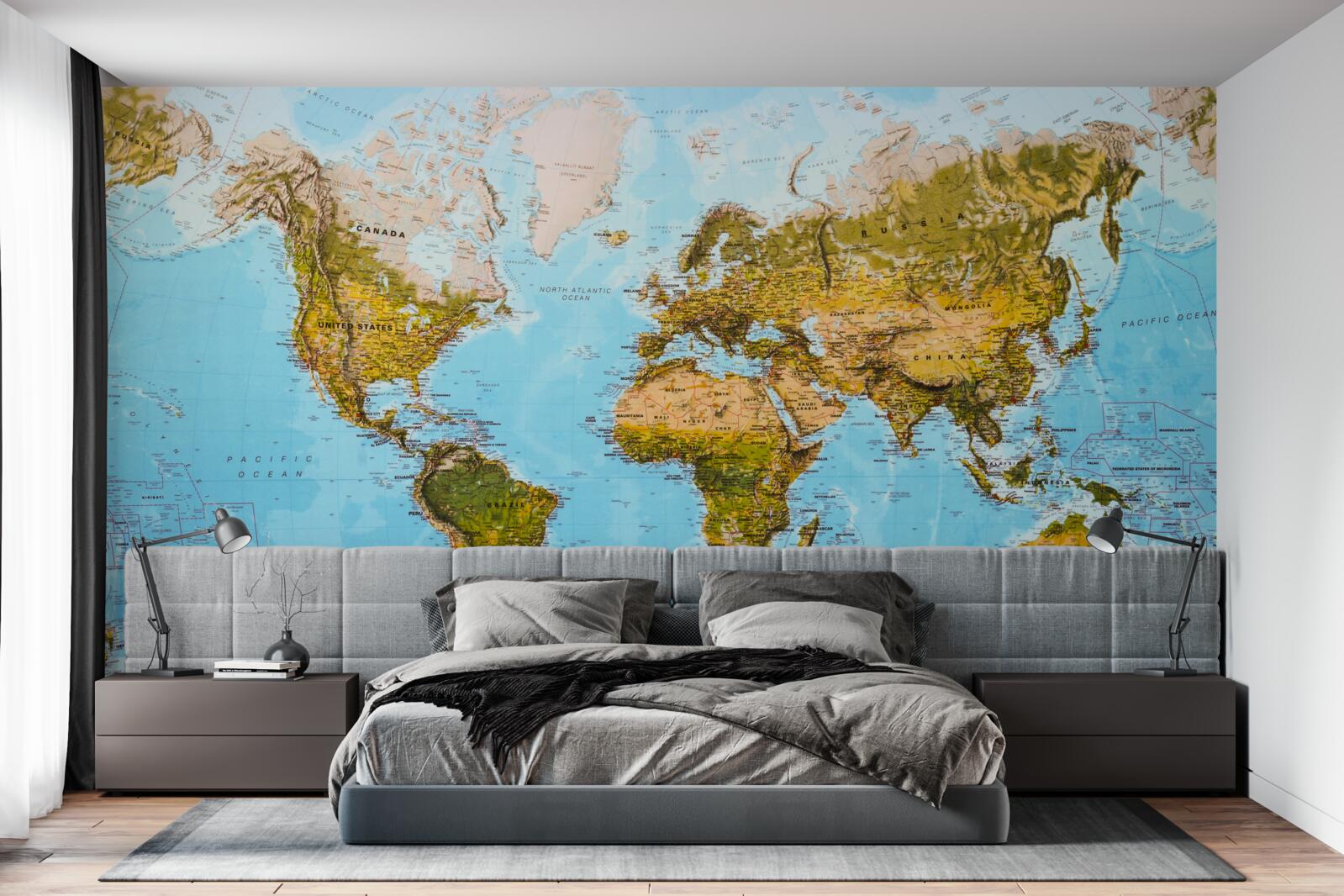 Fotobehang wereldkaart met hoogtegebieden