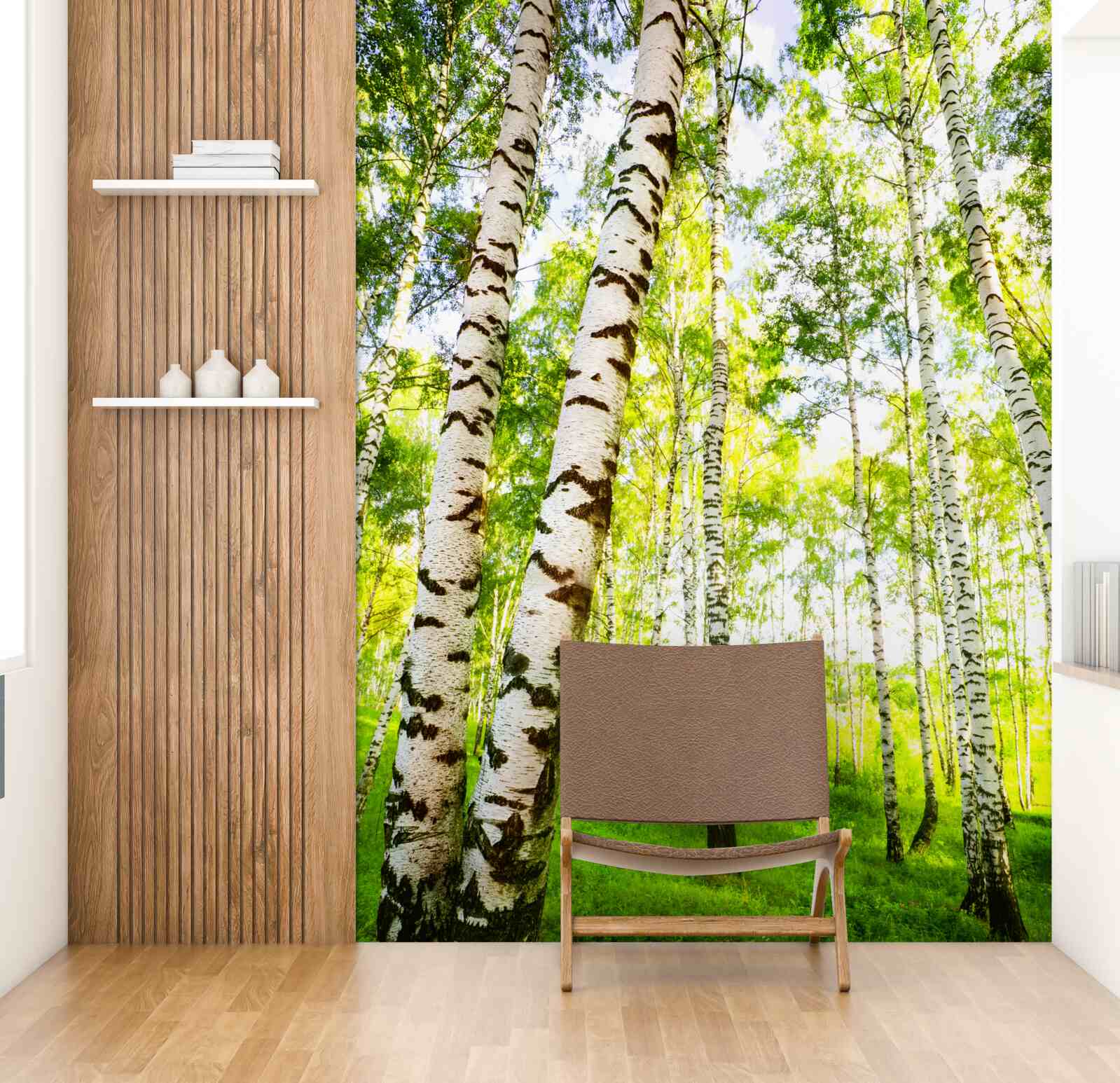 Fotobehang een zomers bosje van slanke berken