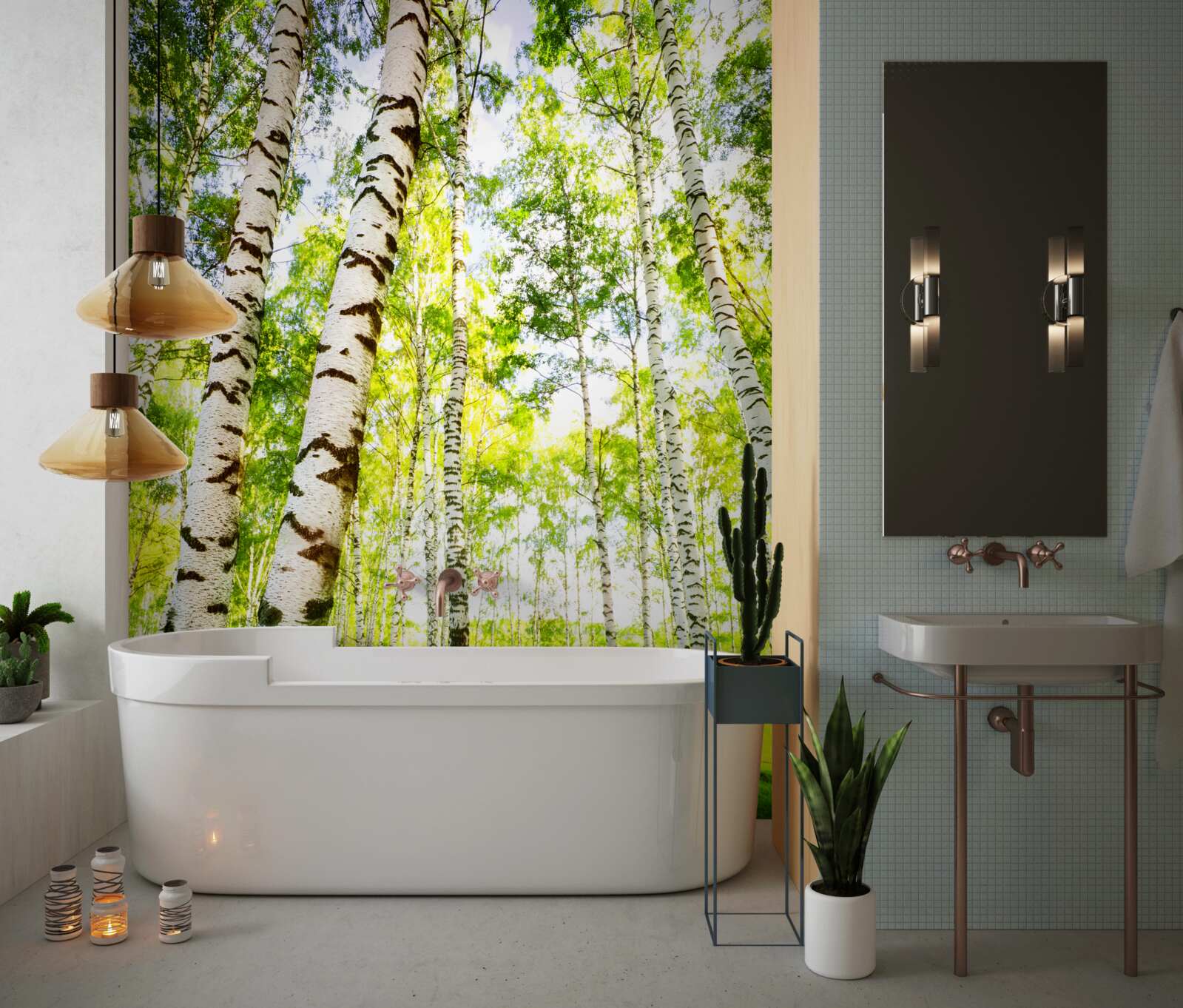 Fotobehang een zomers bosje van slanke berken