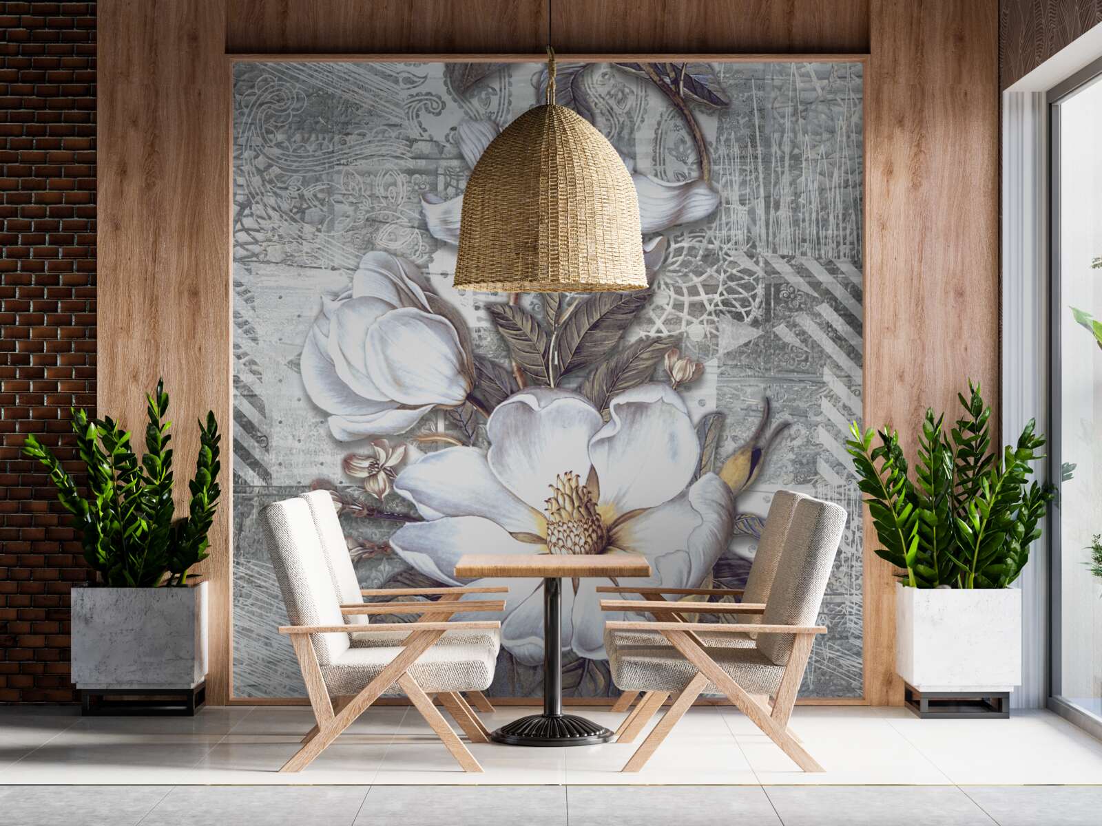 Fotobehang grote witte bloemen op een achtergrond van abstracte patronen