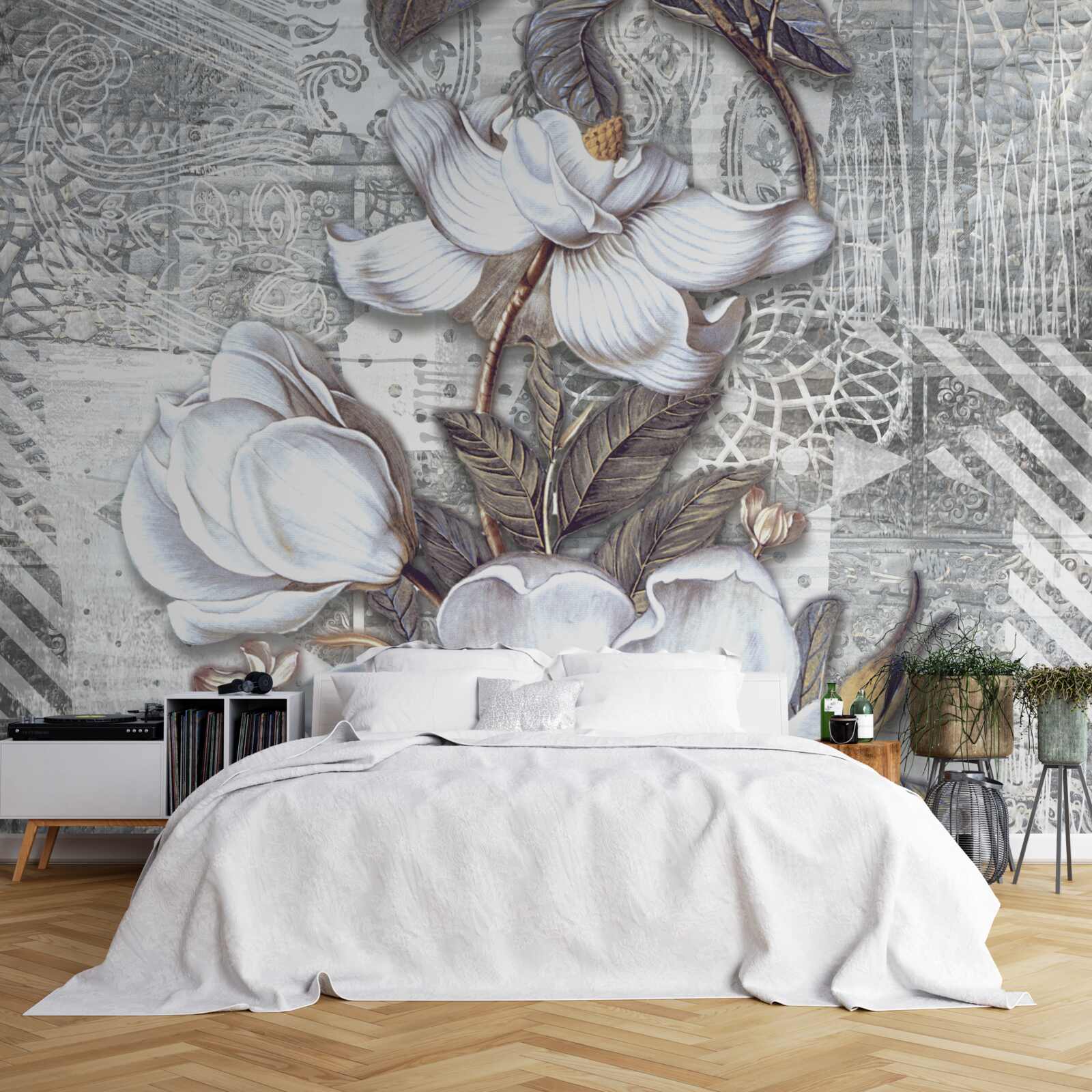 Fotobehang grote witte bloemen op een achtergrond van abstracte patronen