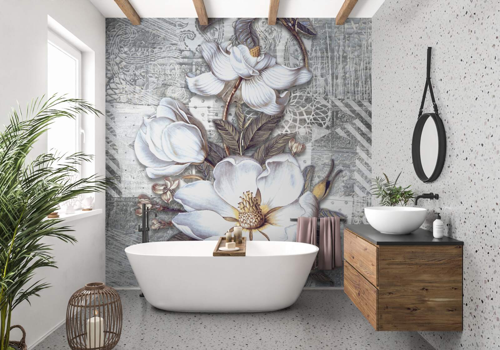 Fotobehang grote witte bloemen op een achtergrond van abstracte patronen