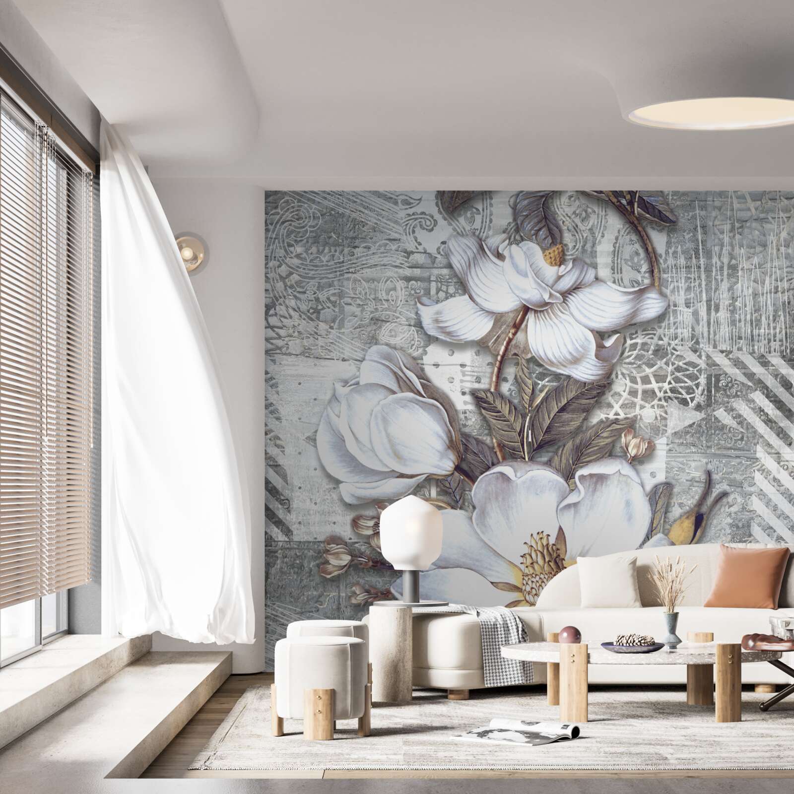 Fotobehang grote witte bloemen op een achtergrond van abstracte patronen