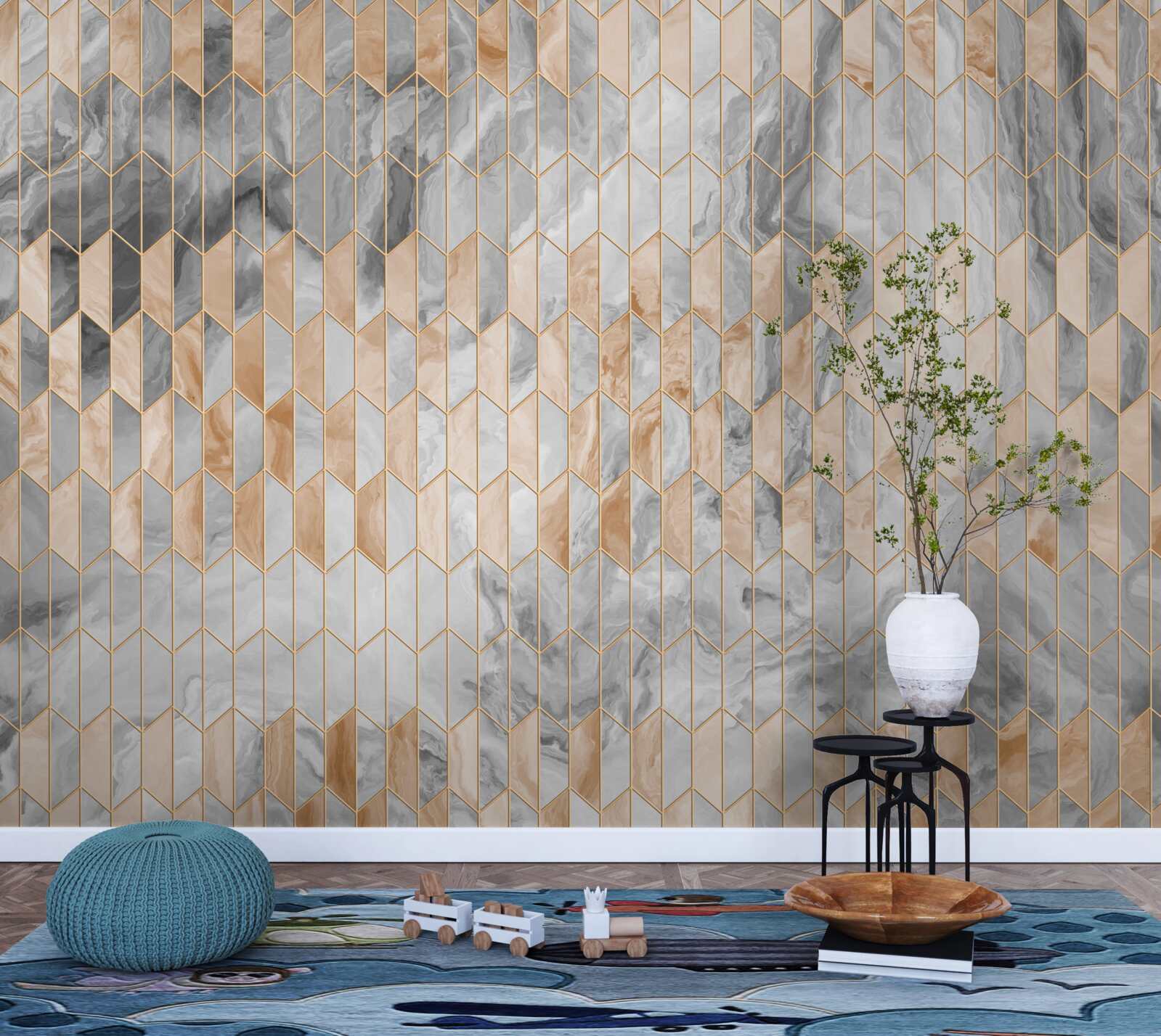 Fotobehang goud-grijze geometrische compositie op een marmeren oppervlak