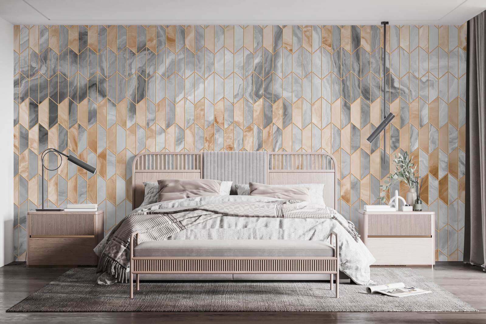 Fotobehang goud-grijze geometrische compositie op een marmeren oppervlak