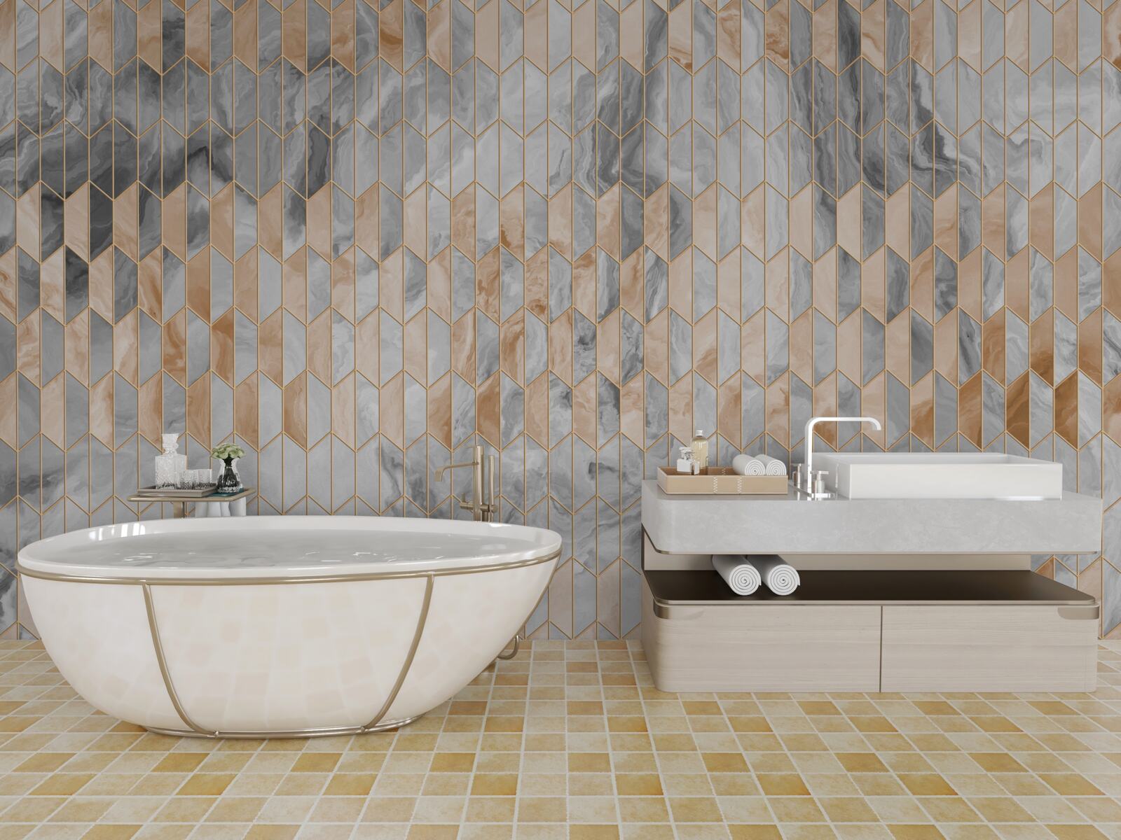 Fotobehang goud-grijze geometrische compositie op een marmeren oppervlak