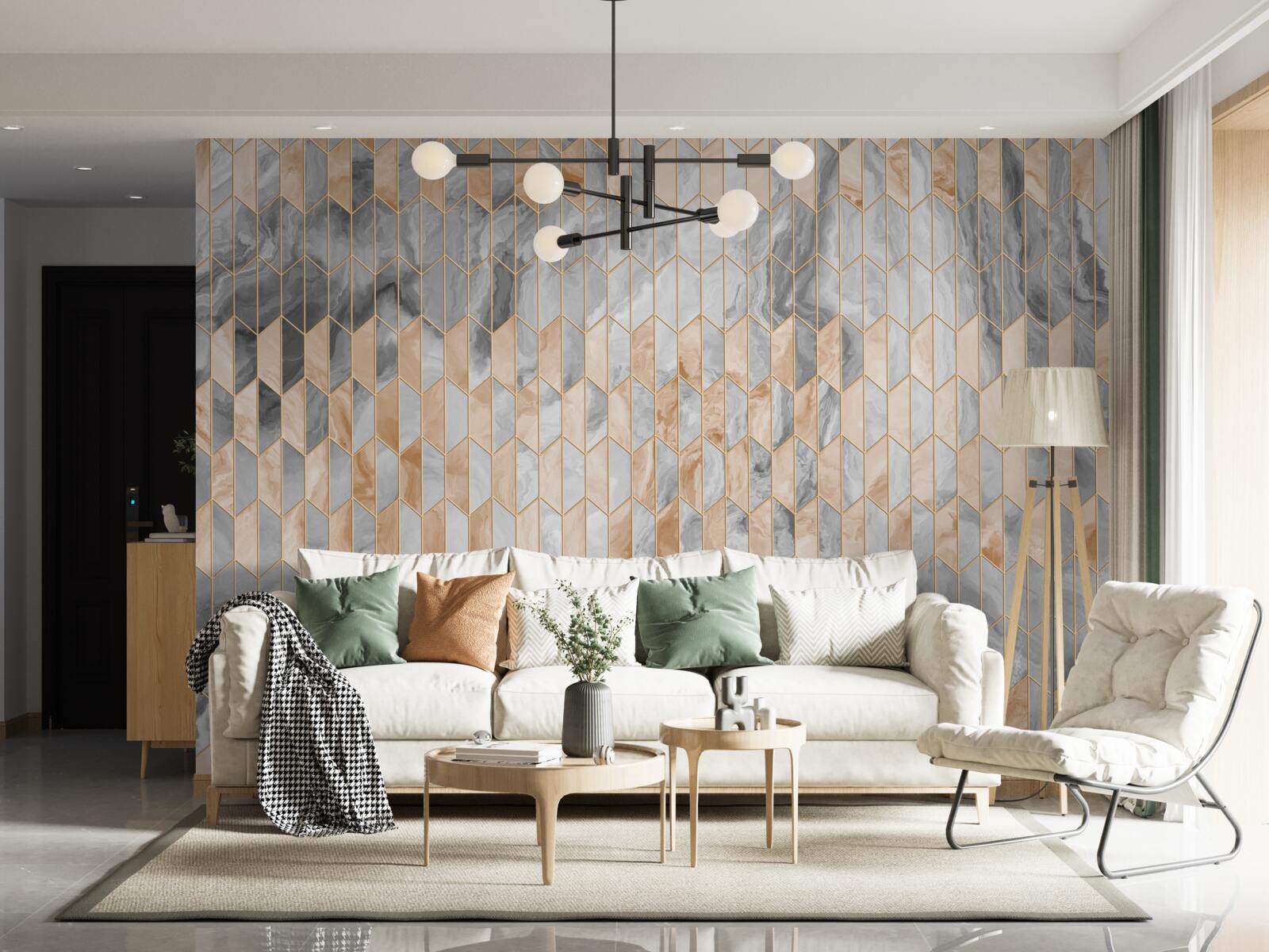 Fotobehang goud-grijze geometrische compositie op een marmeren oppervlak