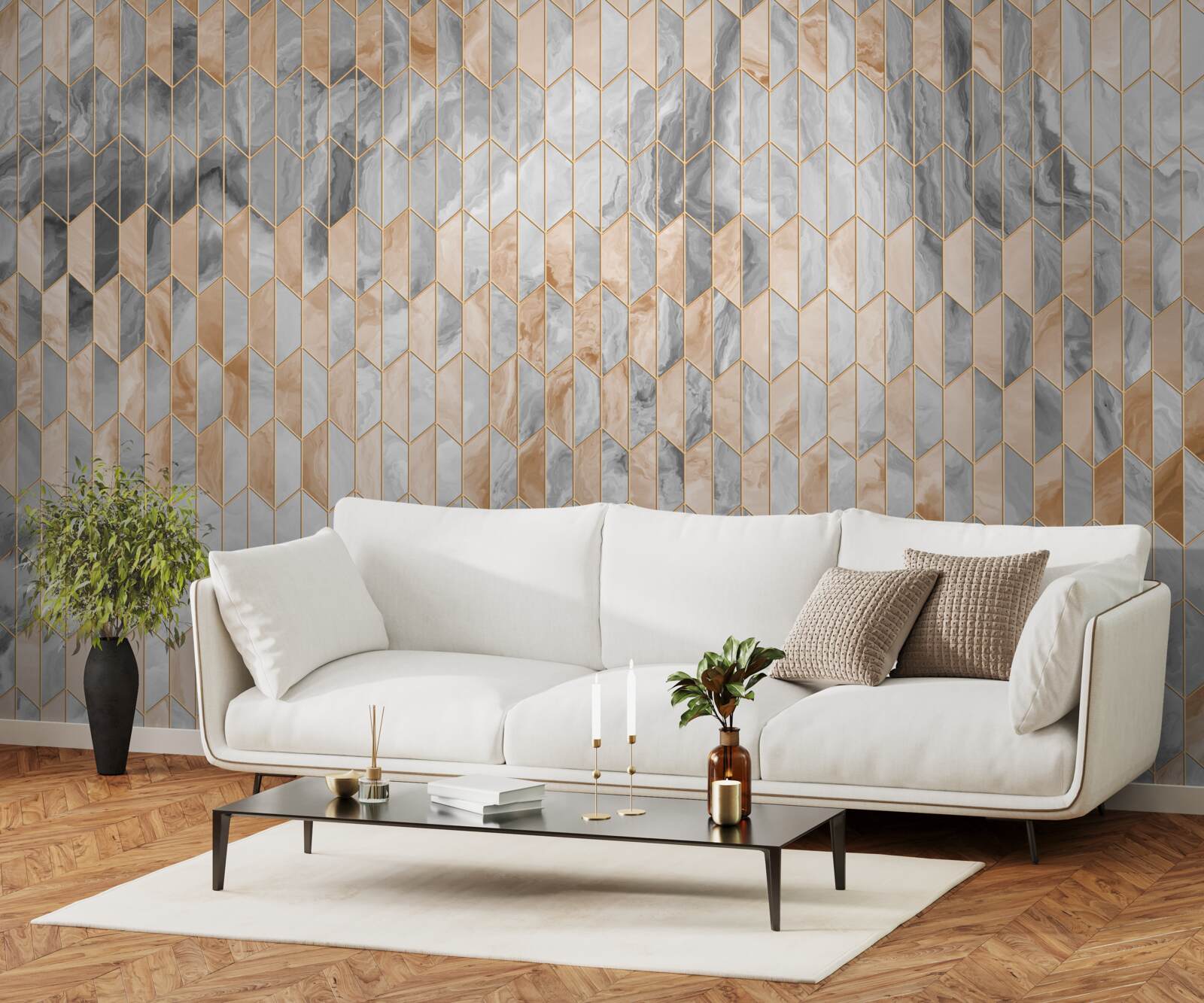 Fotobehang goud-grijze geometrische compositie op een marmeren oppervlak