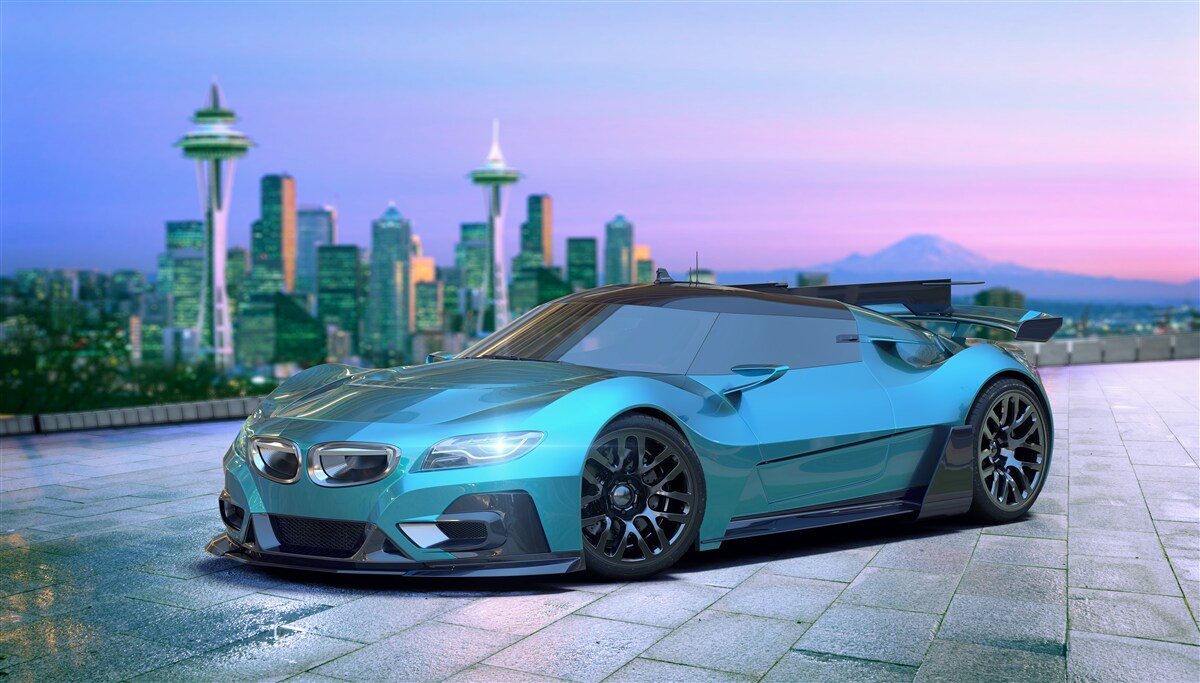 Fotobehang blauwe sportwagen tegen de skyline van de stad