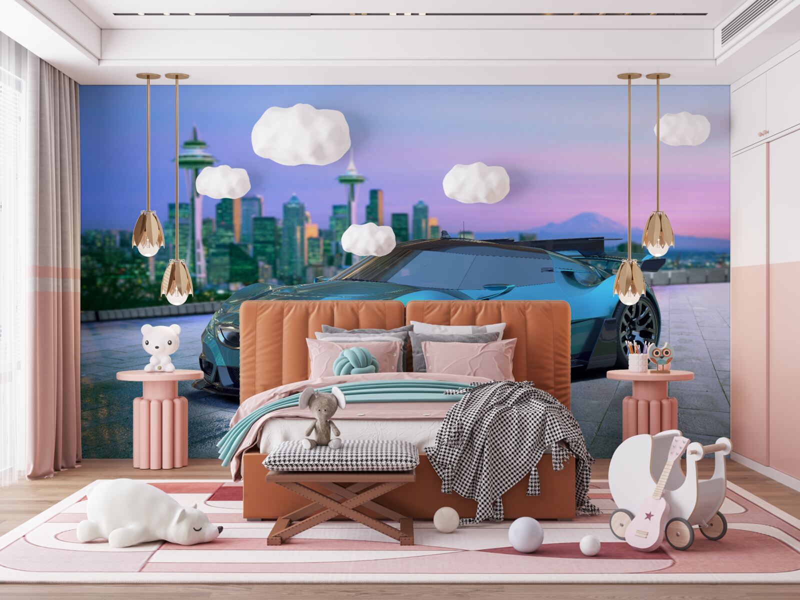 Fotobehang blauwe sportwagen tegen de skyline van de stad