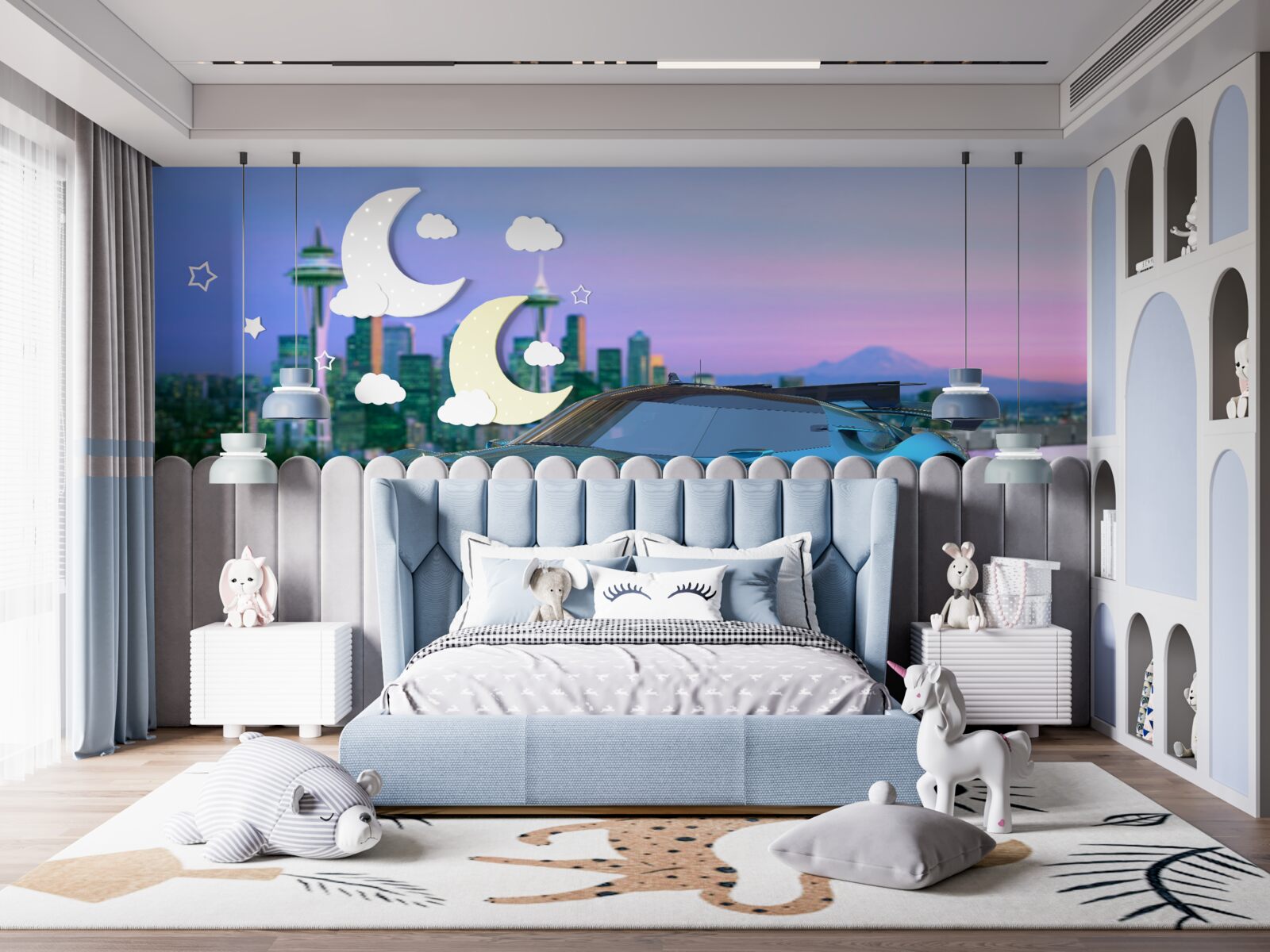 Fotobehang blauwe sportwagen tegen de skyline van de stad