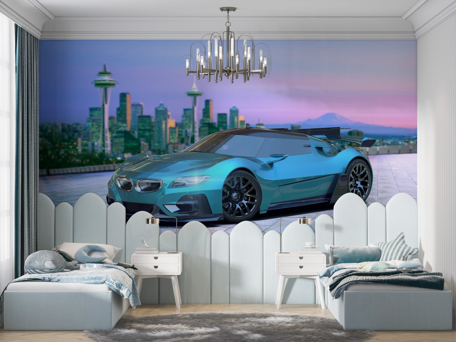 Fotobehang blauwe sportwagen tegen de skyline van de stad