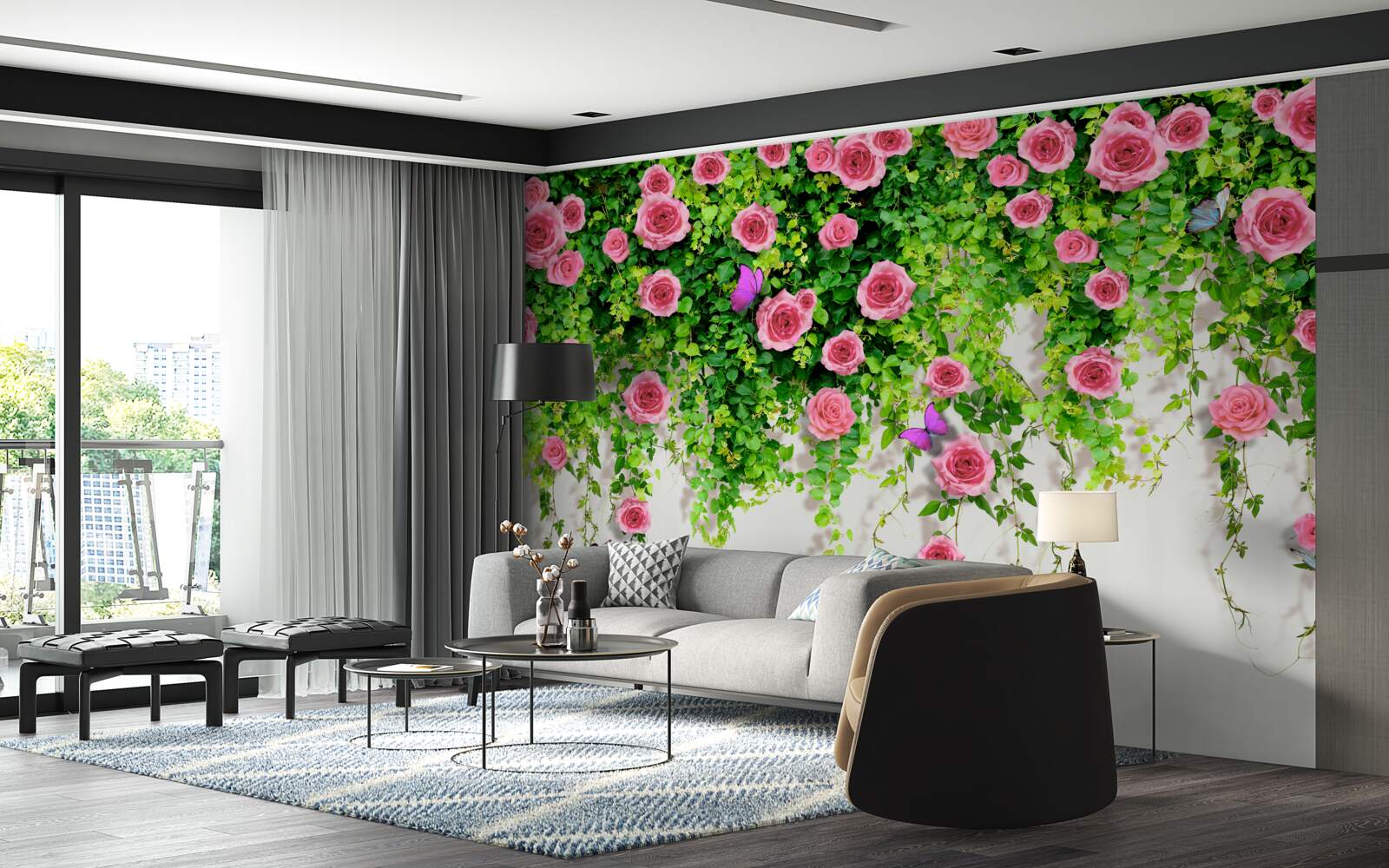 Fotobehang struikrozen met een rijke roze kleur