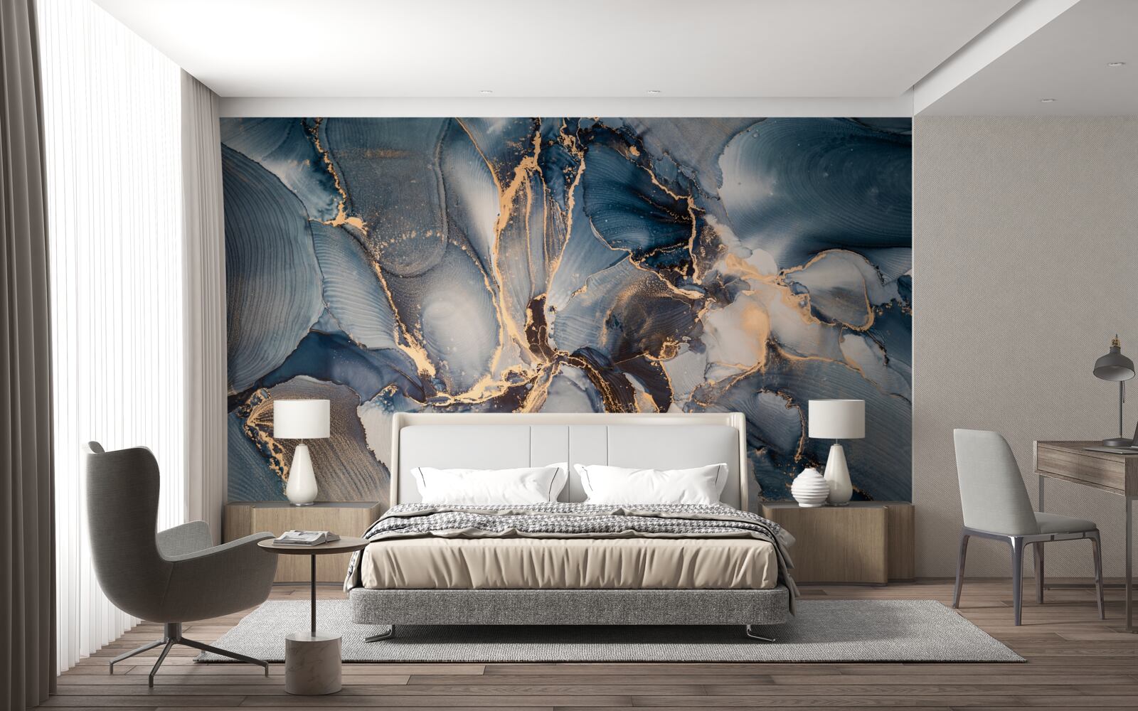 Fotobehang marmer in rijke blauw- en goudtinten