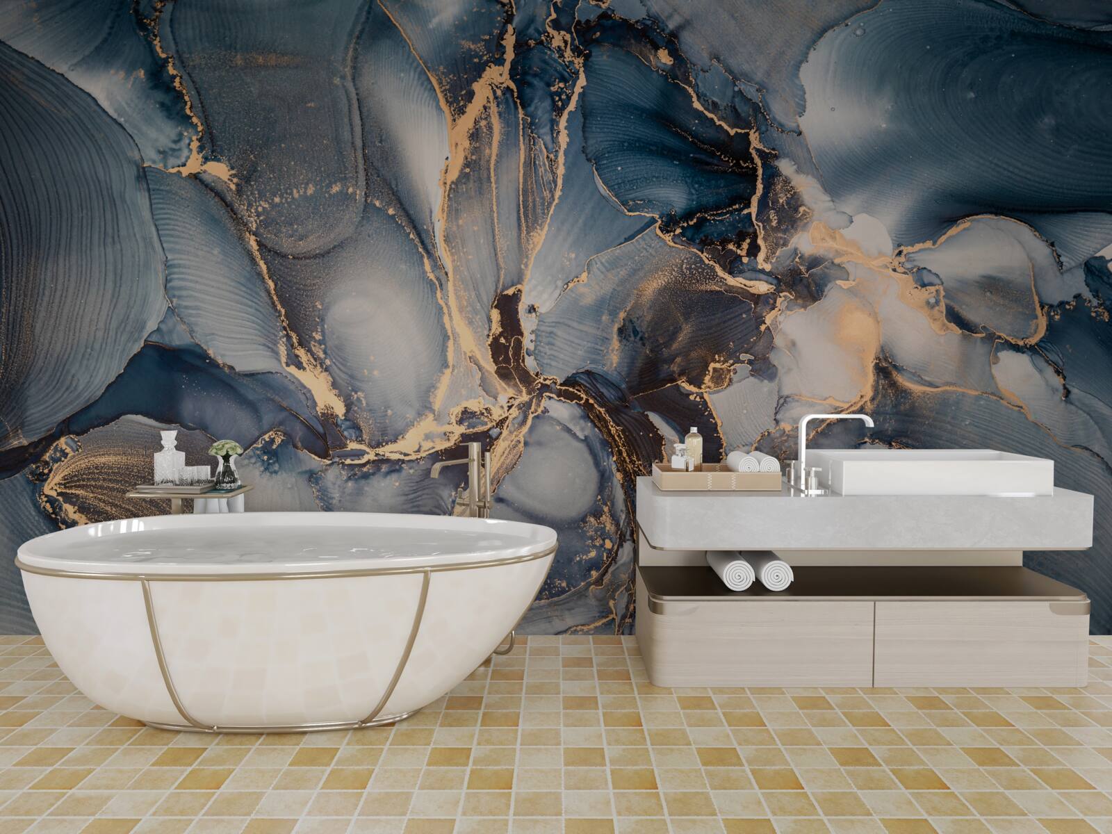 Fotobehang marmer in rijke blauw- en goudtinten