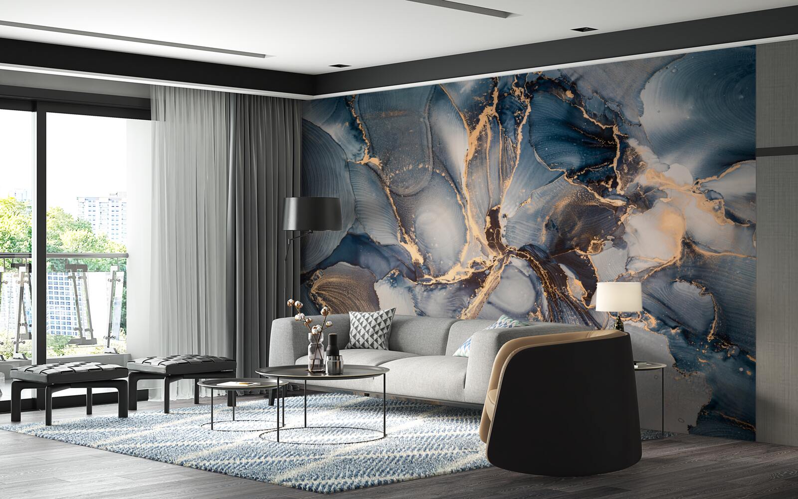 Fotobehang marmer in rijke blauw- en goudtinten
