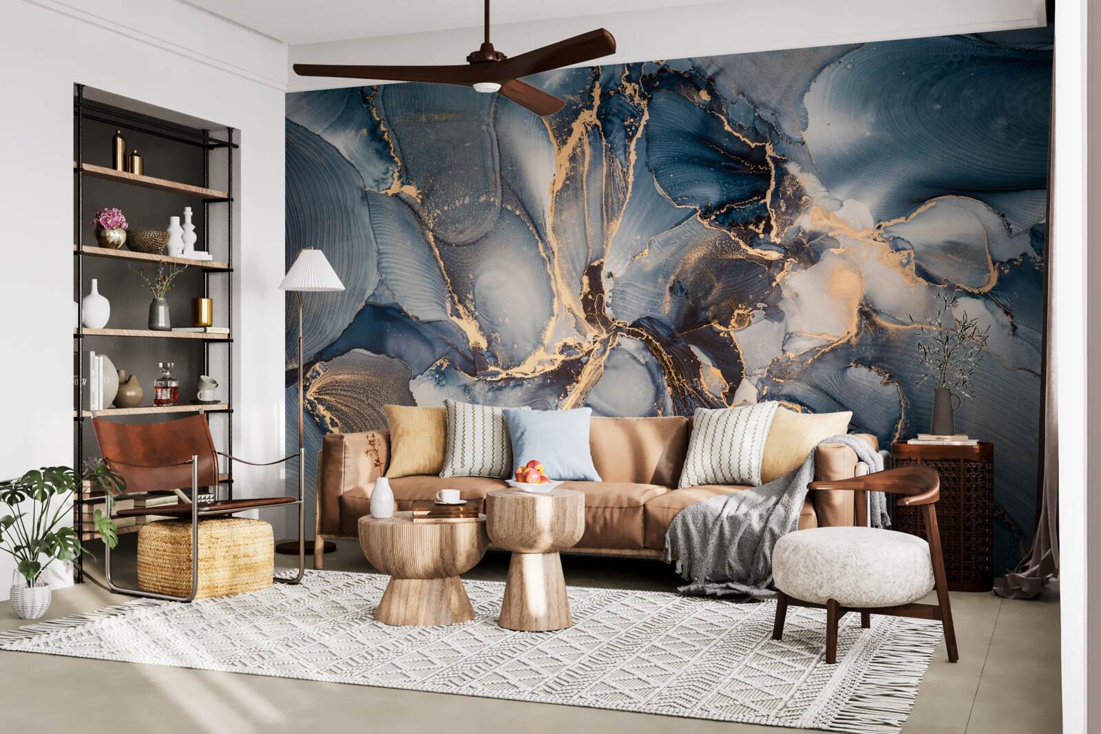 Fotobehang marmer in rijke blauw- en goudtinten
