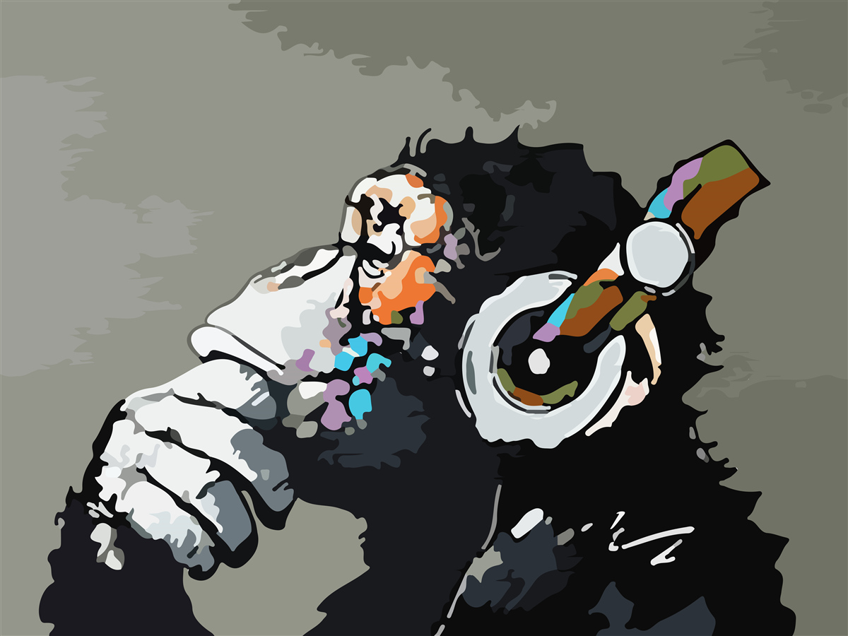 Fotobehang makaak met koptelefoon