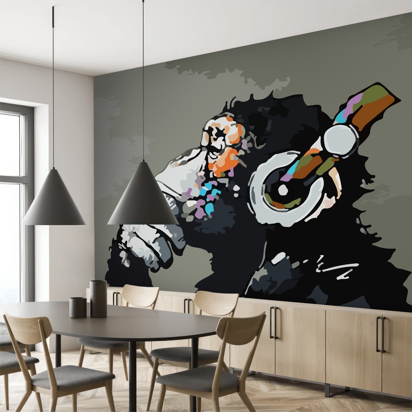 Fotobehang makaak met koptelefoon