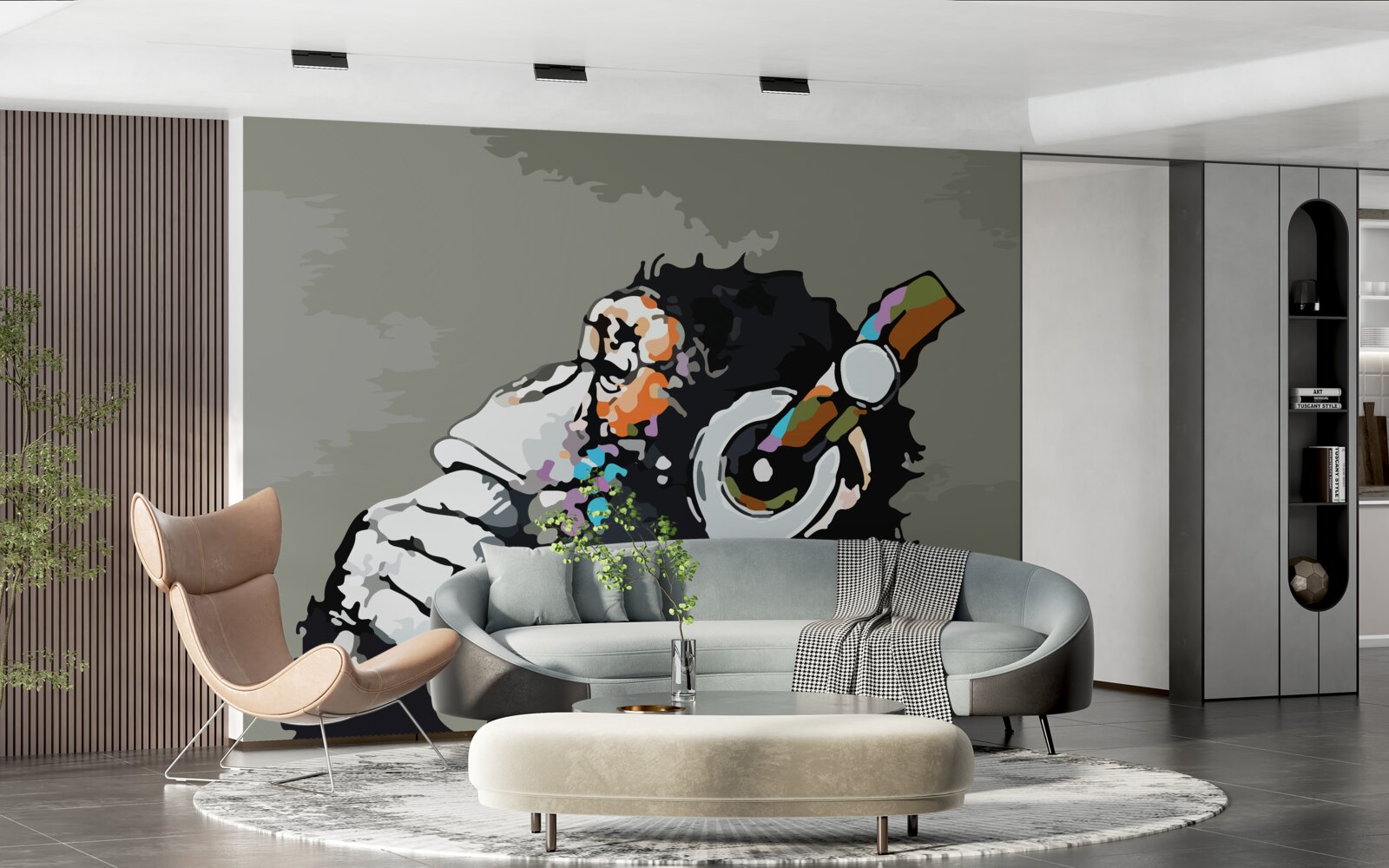 Fotobehang makaak met koptelefoon