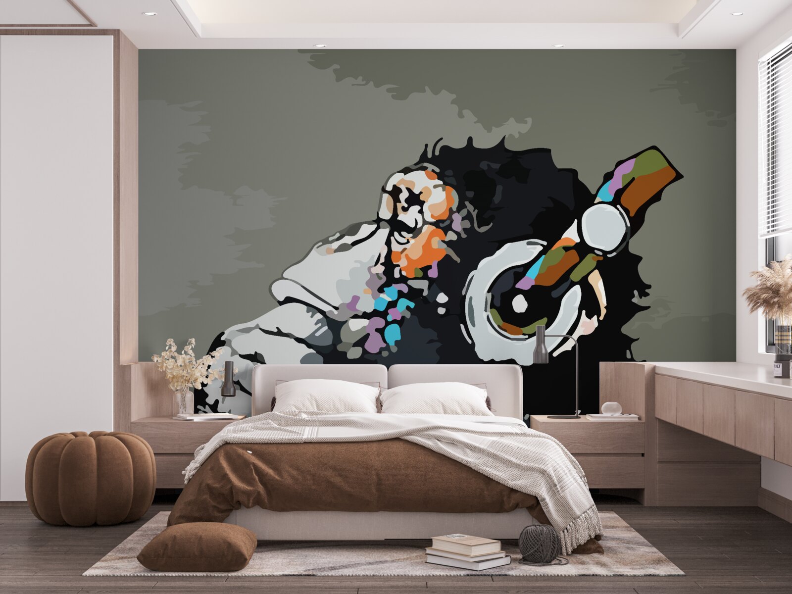 Fotobehang makaak met koptelefoon