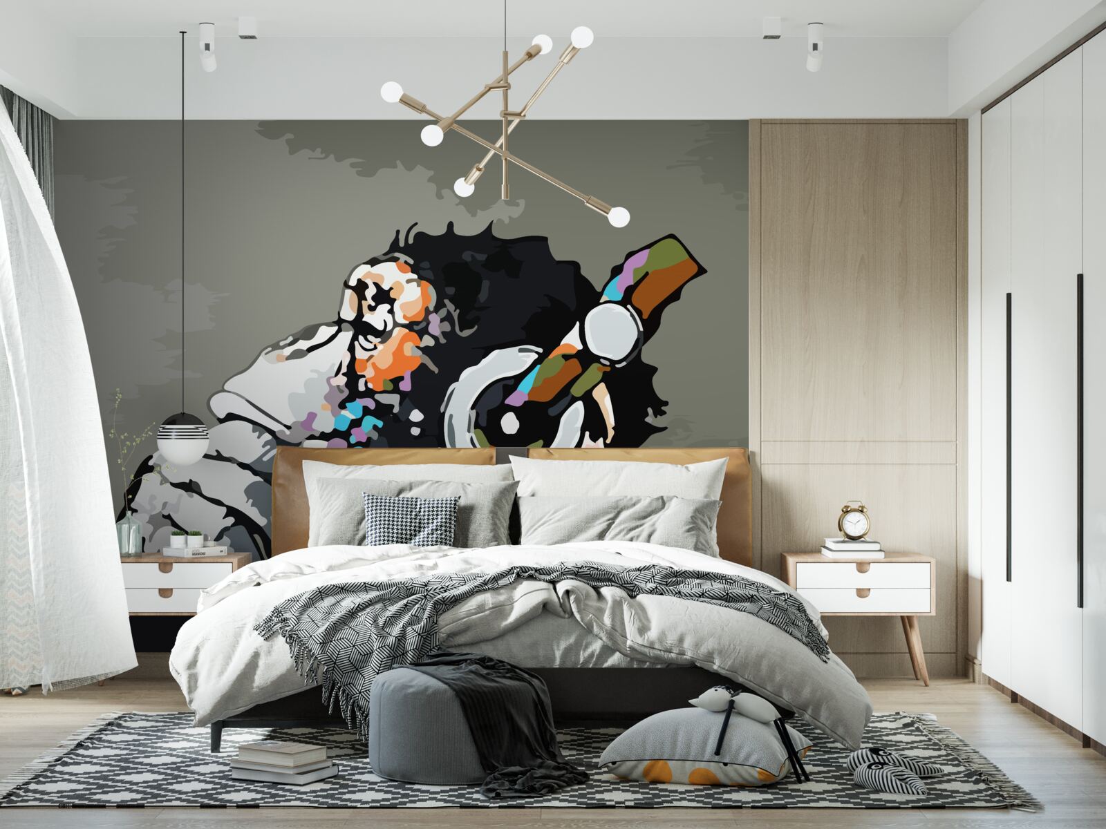 Fotobehang makaak met koptelefoon