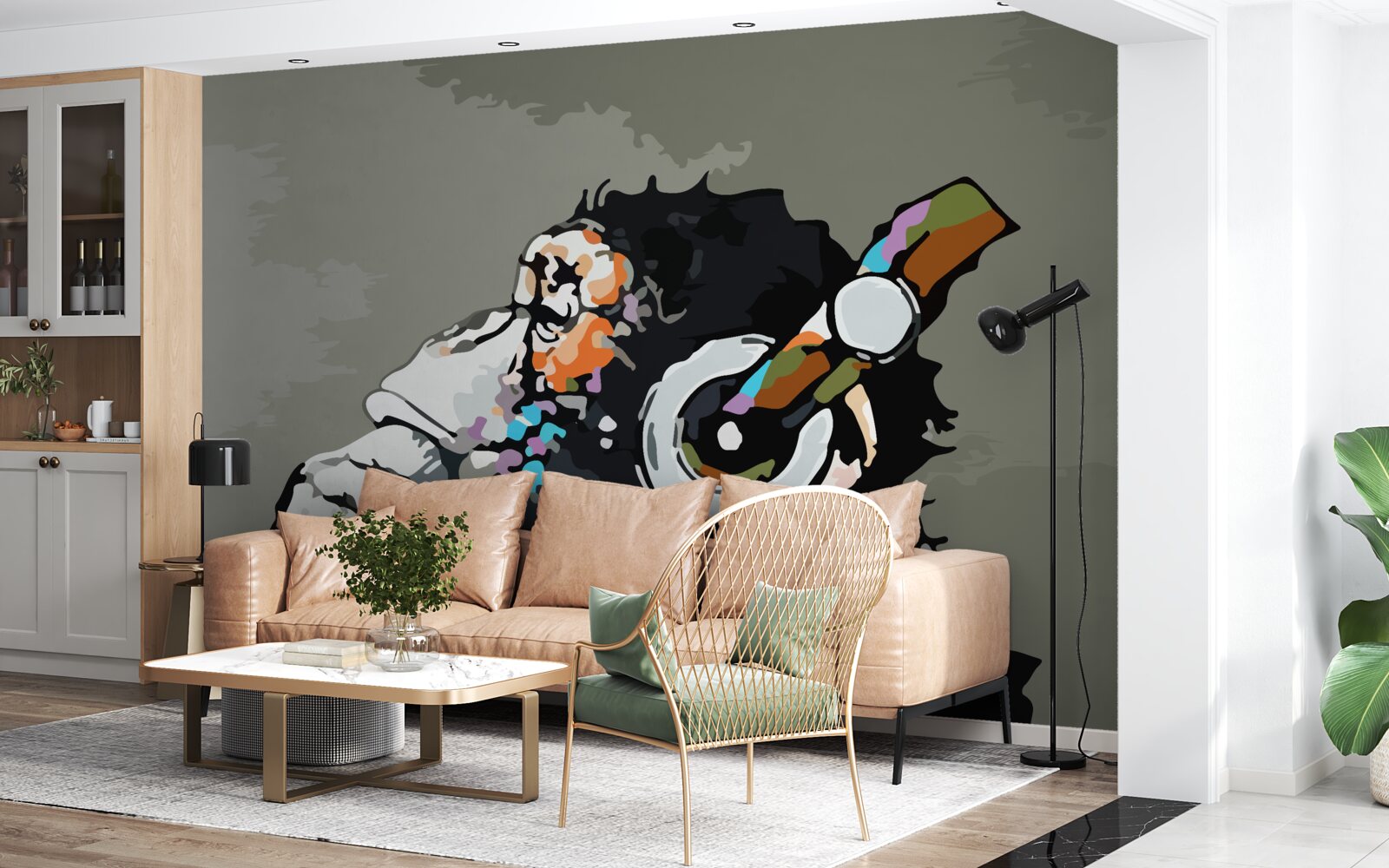 Fotobehang makaak met koptelefoon