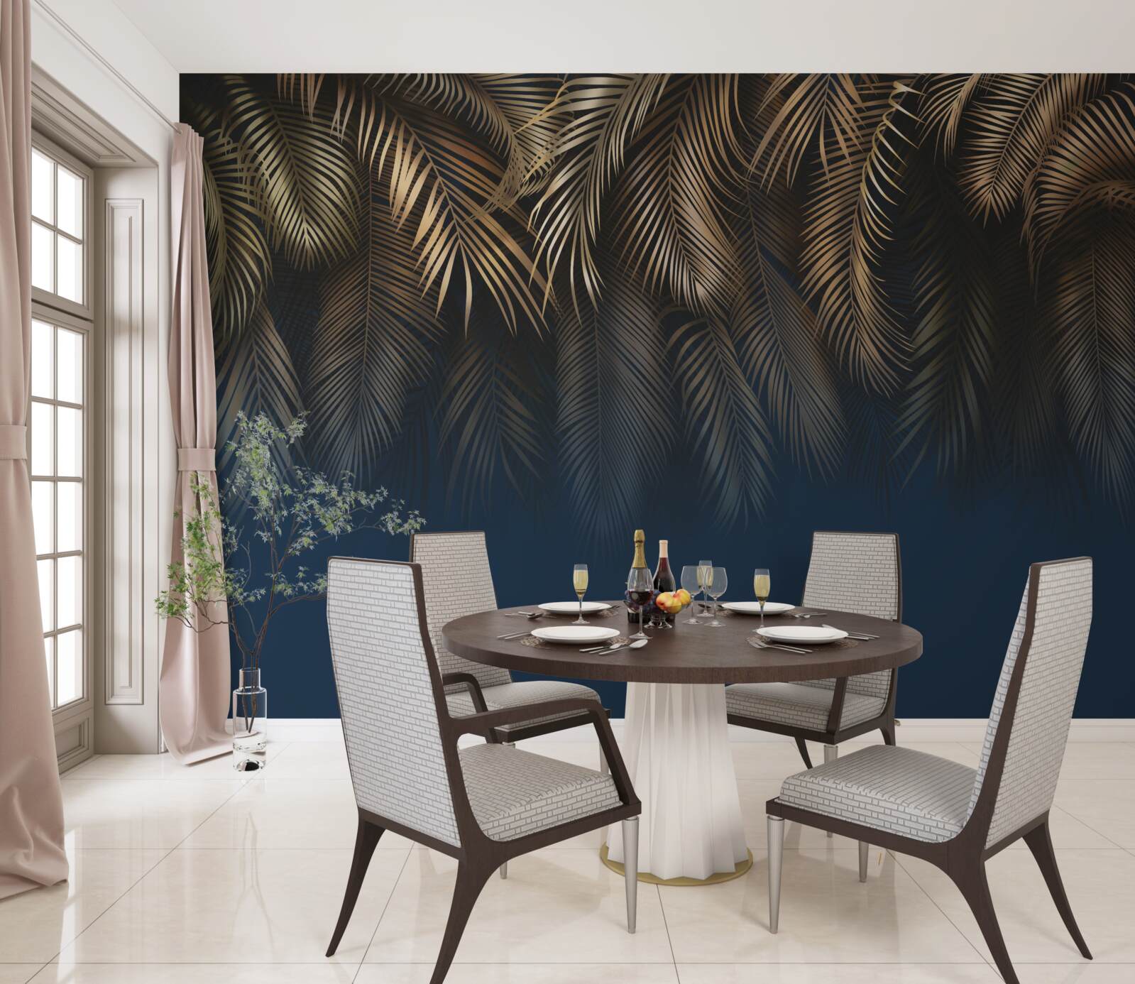 Fotobehang 's nachts glinstert de varen met gouden bladeren