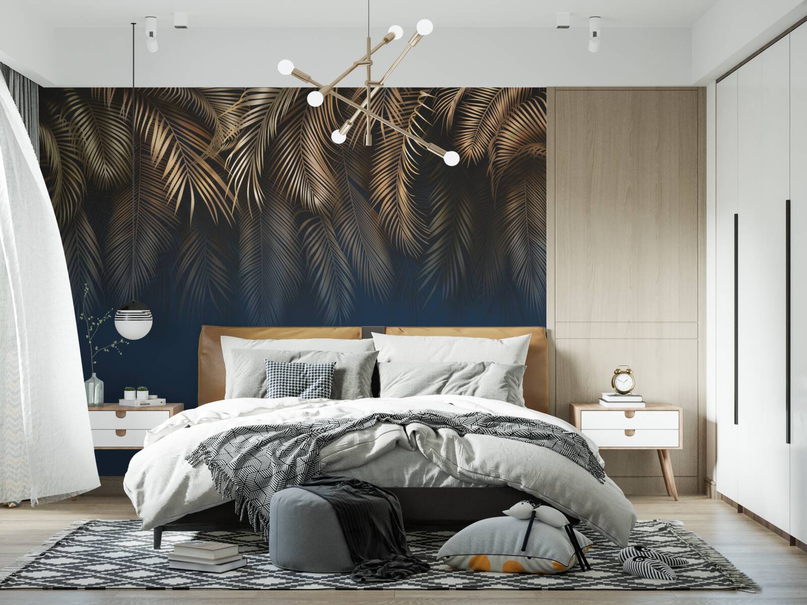 Fotobehang 's nachts glinstert de varen met gouden bladeren