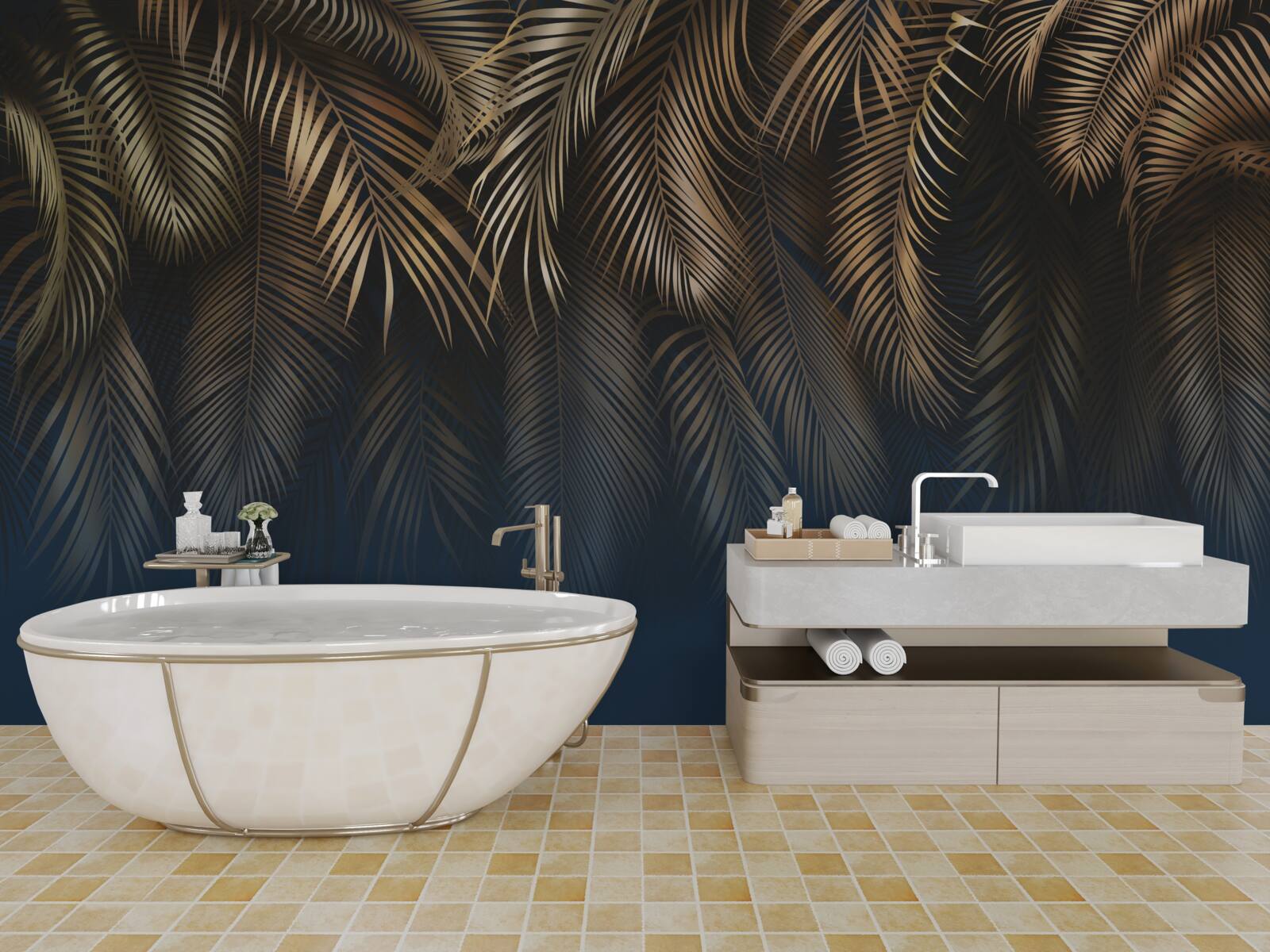 Fotobehang 's nachts glinstert de varen met gouden bladeren