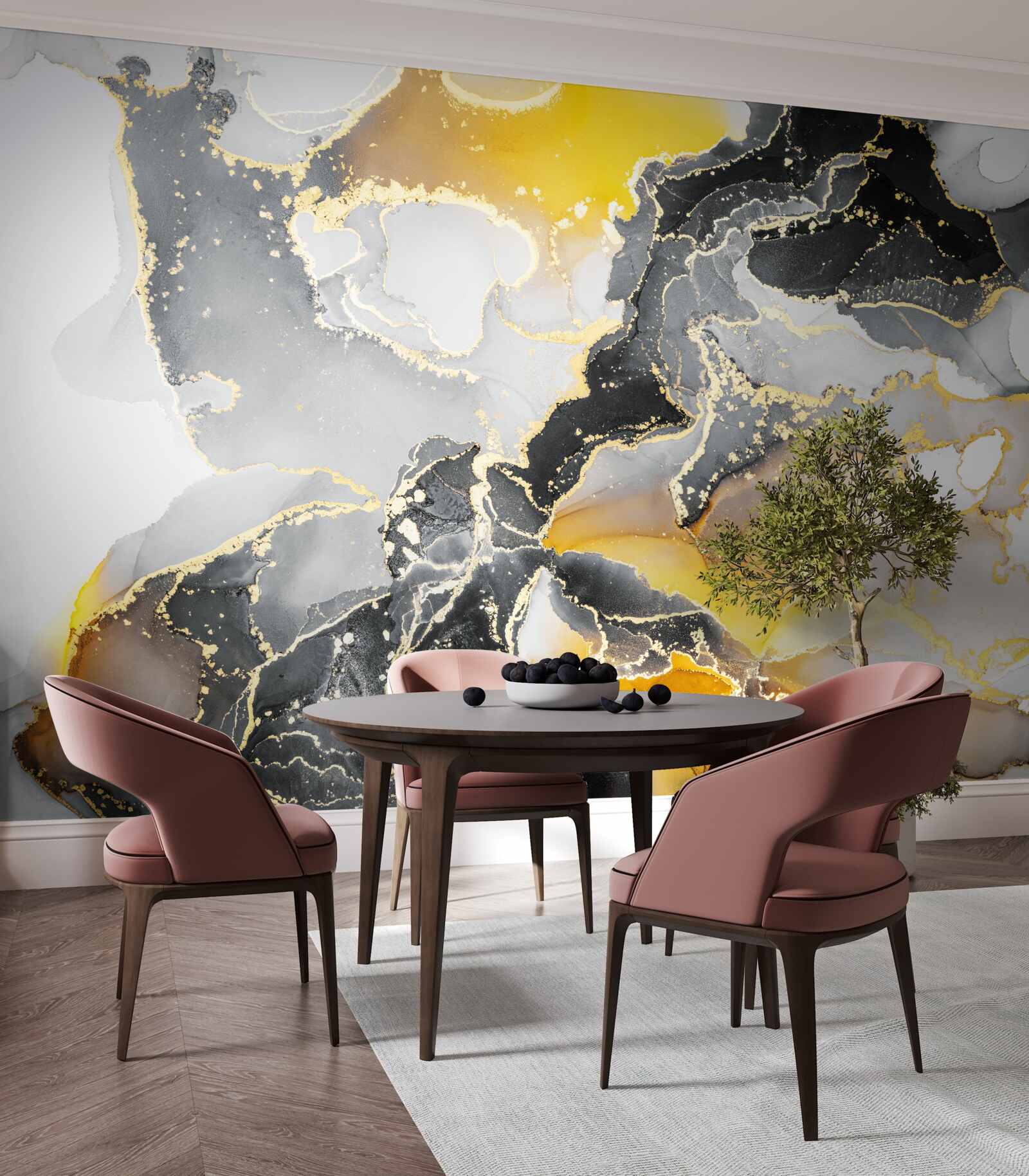 Fotobehang donker en goudpatroon op grijs marmer