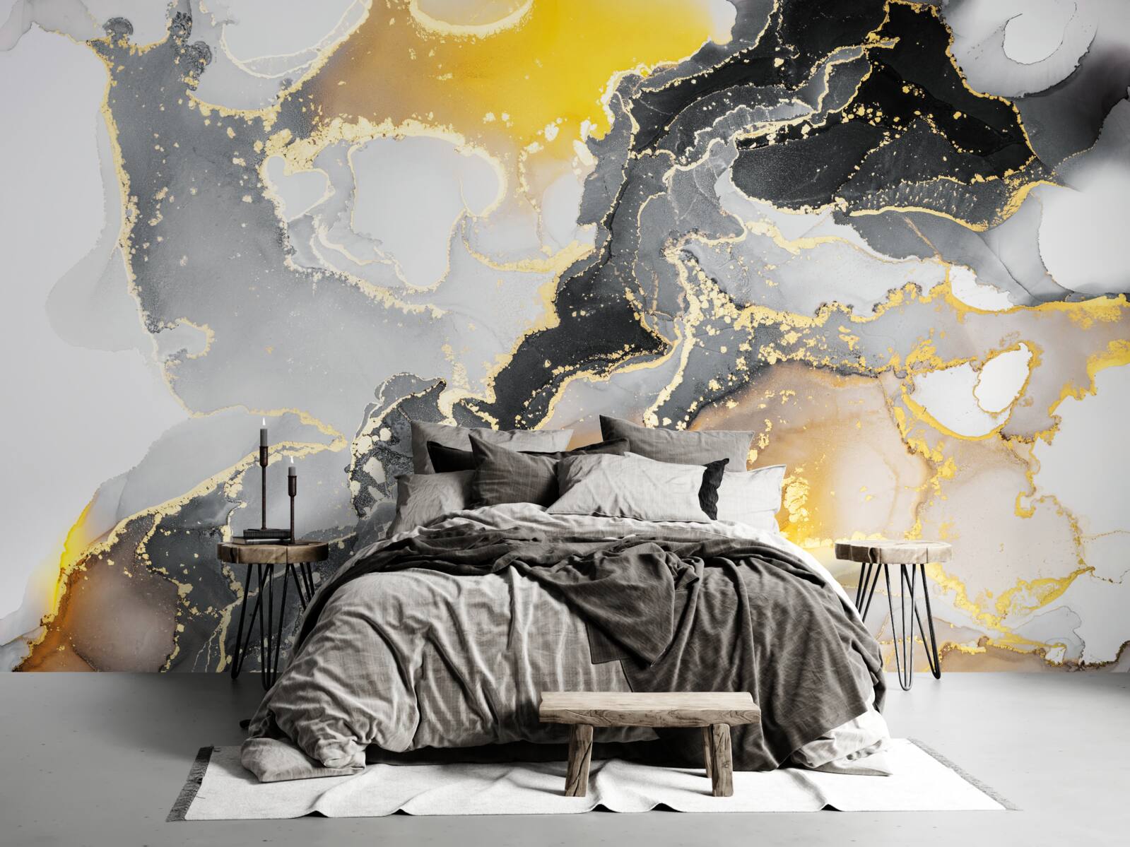 Fotobehang donker en goudpatroon op grijs marmer