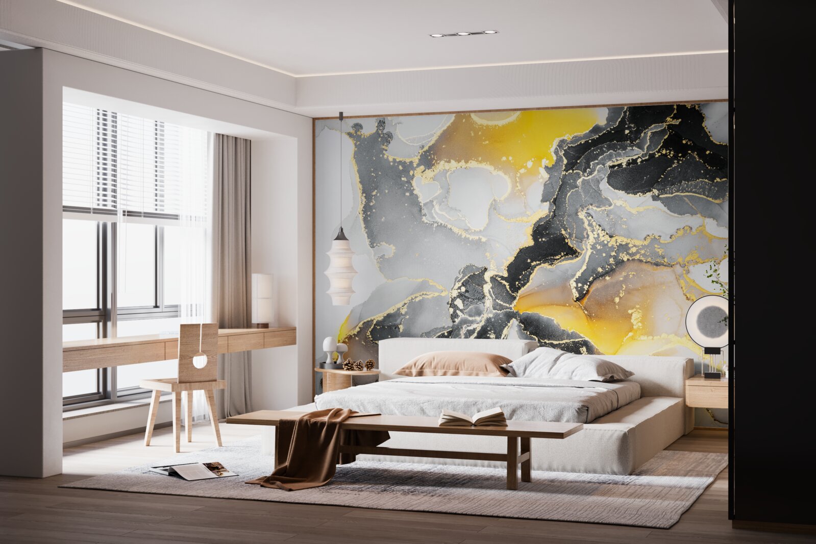 Fotobehang donker en goudpatroon op grijs marmer