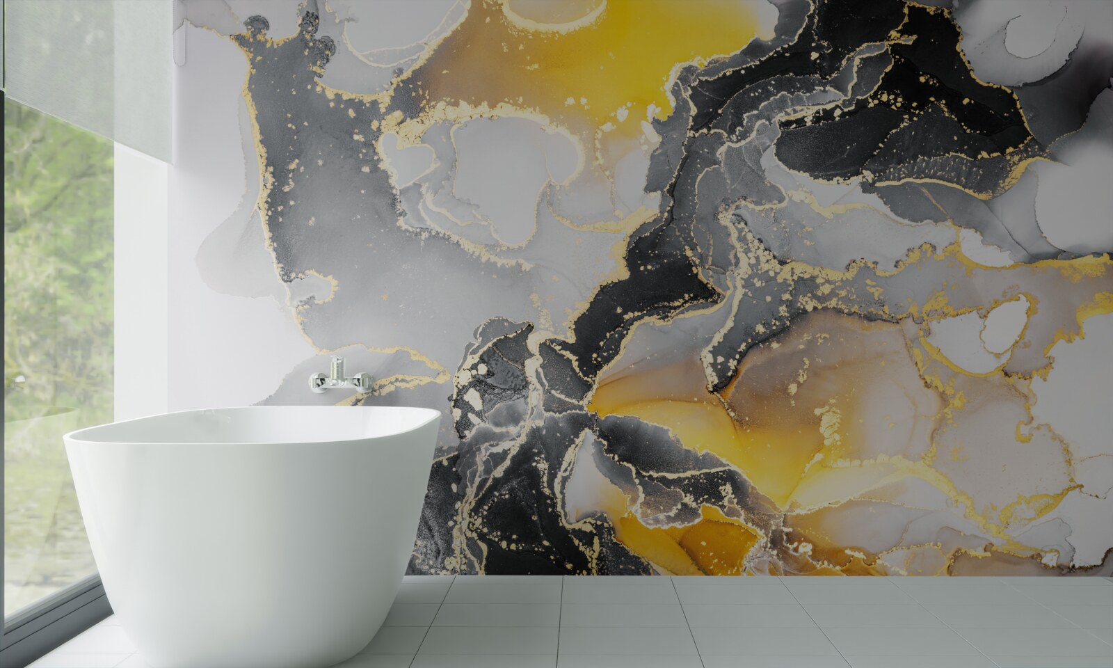 Fotobehang donker en goudpatroon op grijs marmer